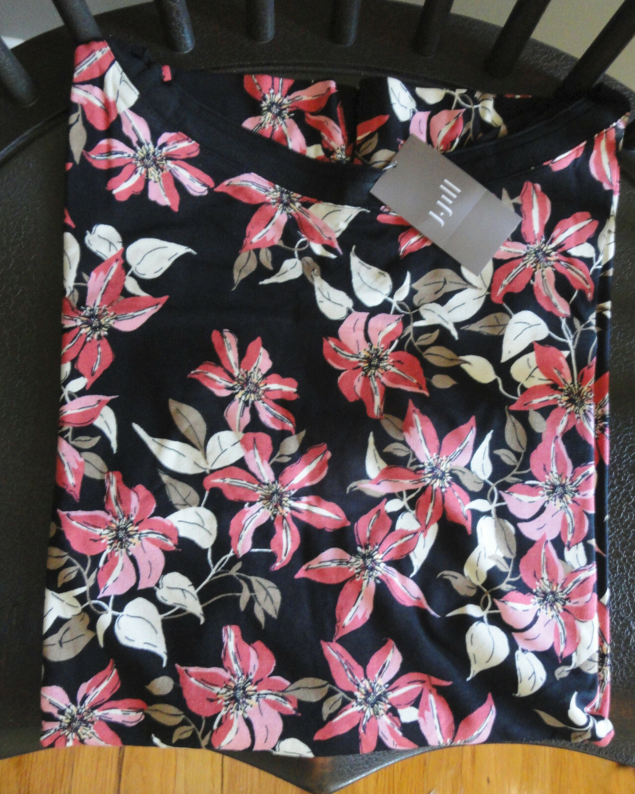 NWT J Jill Wearever Tunic 3/4 SL Black Pink Botanical Floral Lily $89 Sz LP
