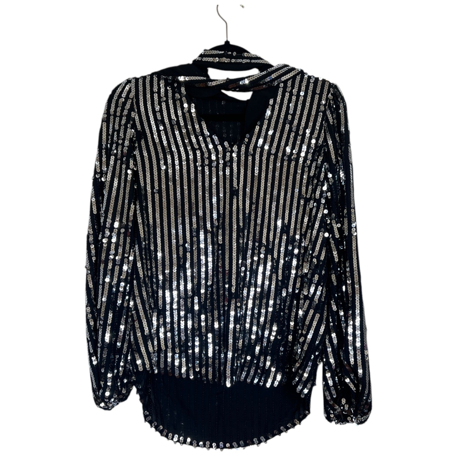 NWT RIXO Moss Black Silver Sequin Stripe Neck Tie Top Size Small Party Holiday