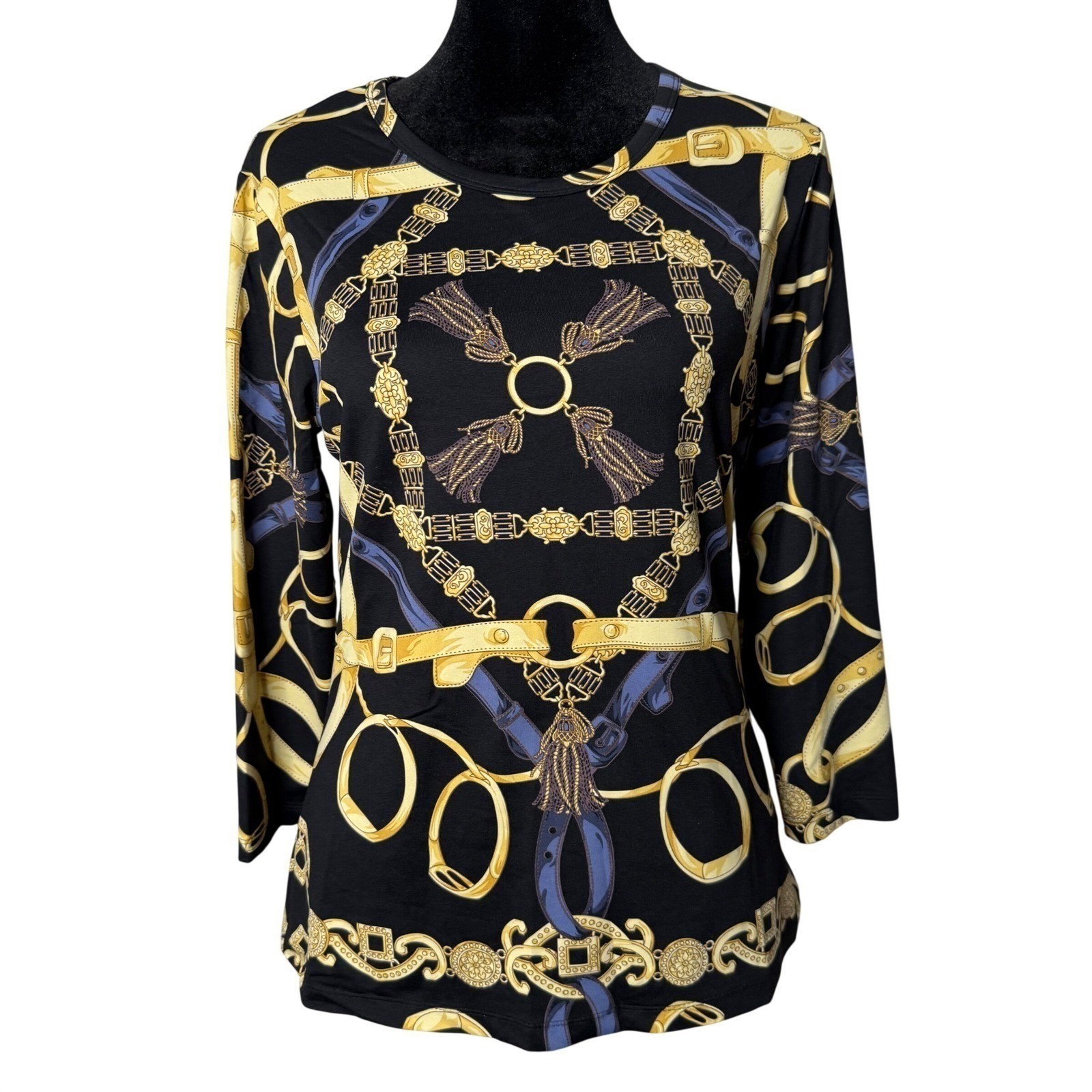 J. McLaughlin Signature Tee Catalina Cloth Equestrian Top Size S Black Gold