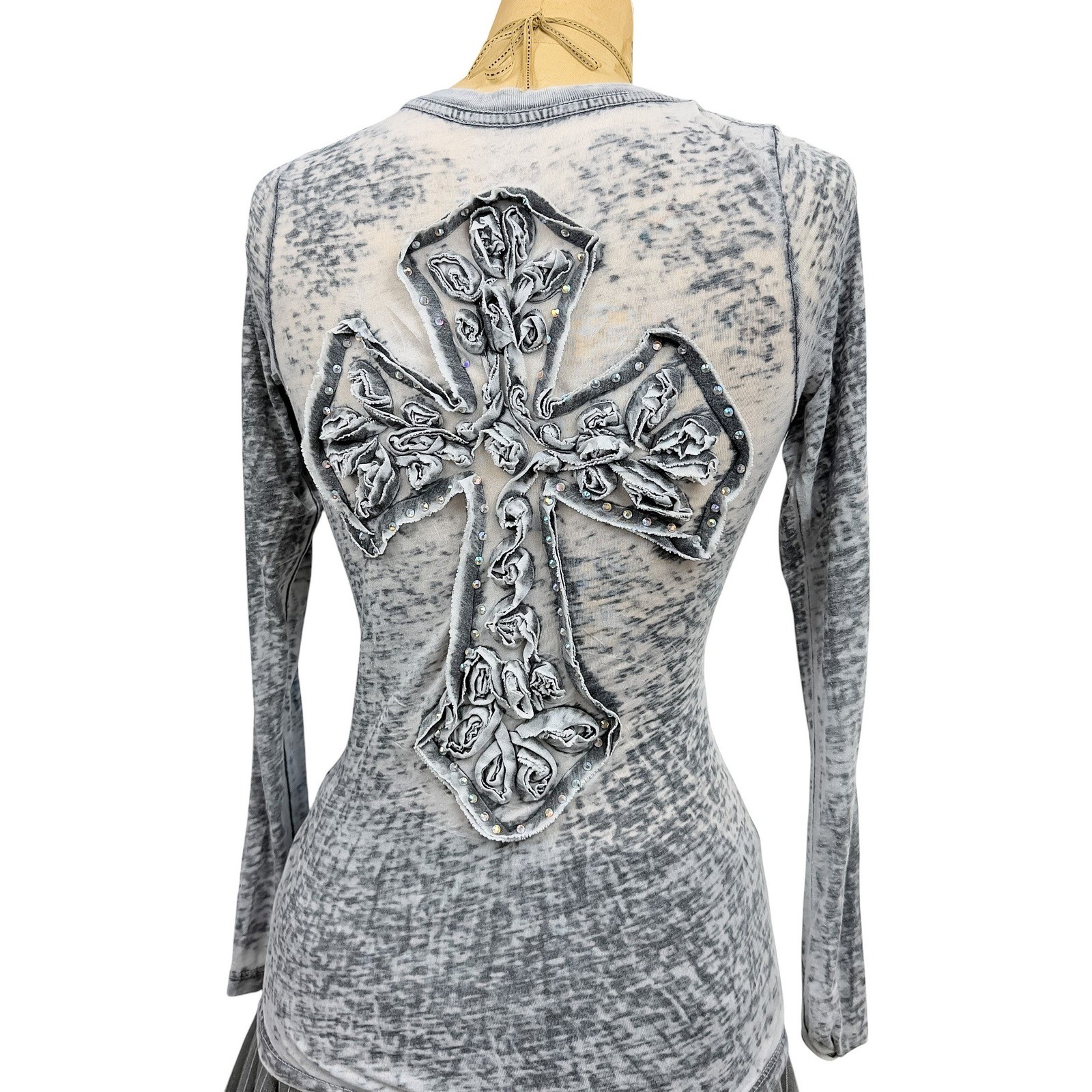 Y2K Sinful Velvet Burnout Long Sleeve Gray Semi Sheer Grunge McBling Goth M