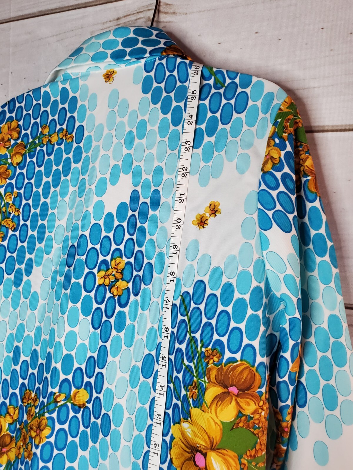 Vintage Hippie Shirt 60s 70s Polyester Flowers Boho Blue Retro Pointed Collar