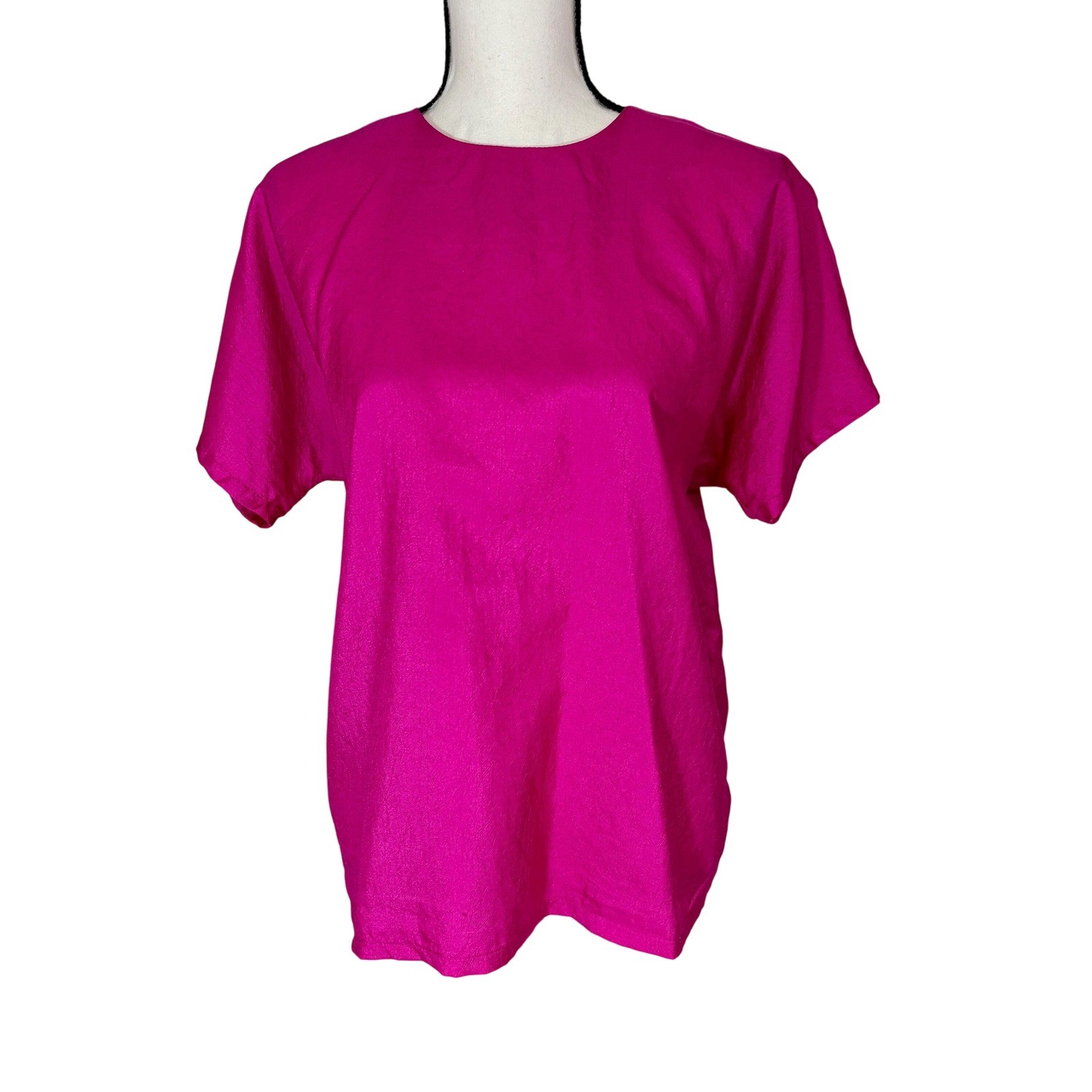 Hot Pink Simple Short Sleeve Crepe Like Material Blouse Medium Fuchsia 80s Shirt