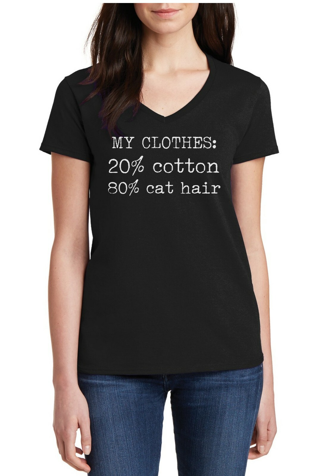 Womens V-neck 20% Cotton 80% Cat Hair T Shirt Crazy Cat Lady Funny Cat Mom Tee