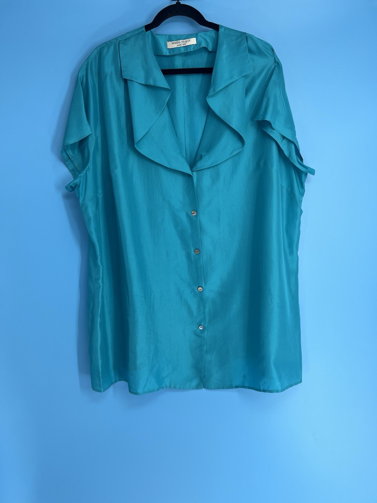 Marina Rinaldi Pure Silk Women’s Turquoise Ruffle Blouse Size: 31 US: 22W *flaw*