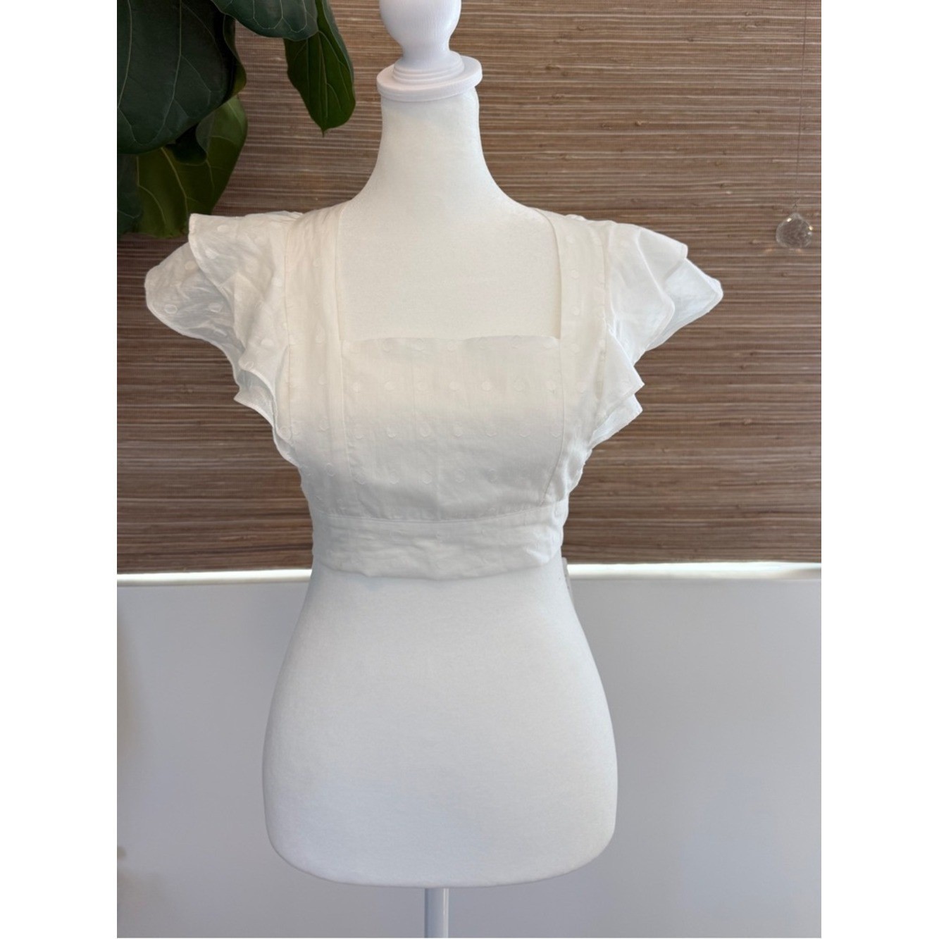 MinkPink White Flutter Sleeve Square NeckPolka Dot Crop Top- S
