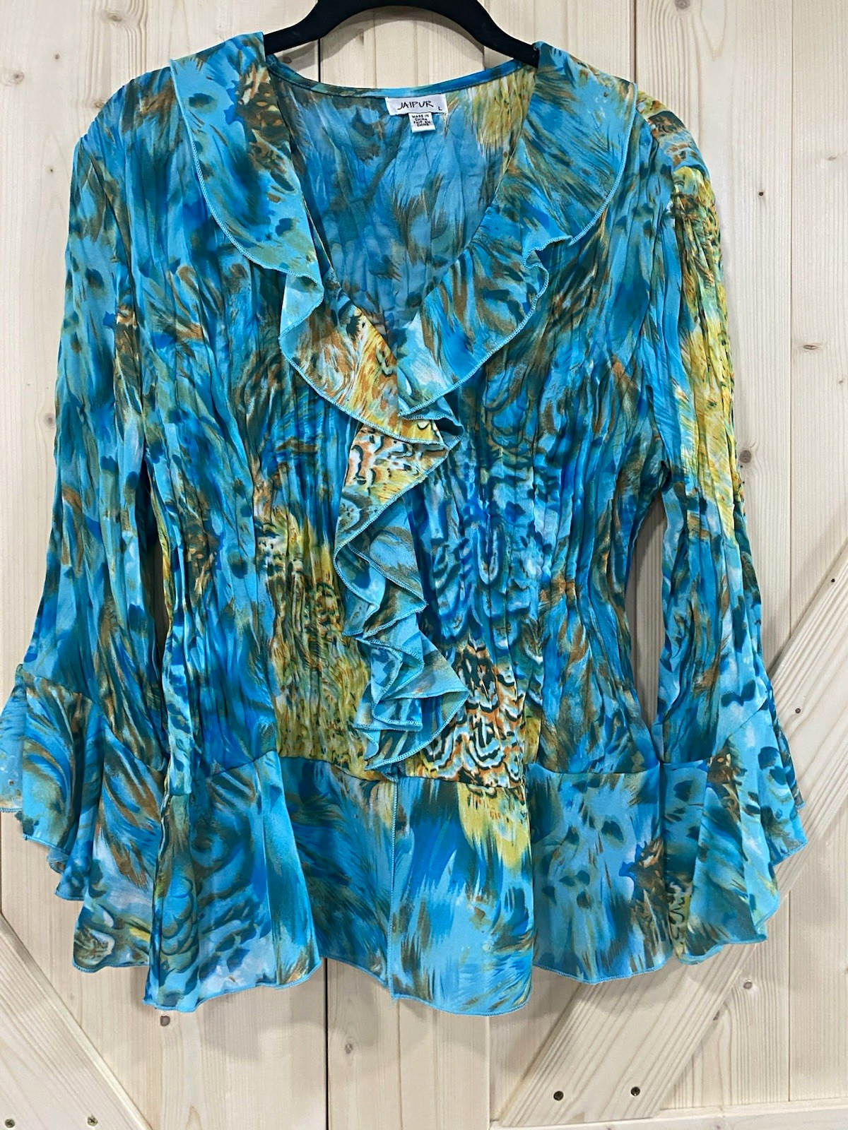 Jaipur Women’s Blue Green Yellow Animal Print V-Neck Ruffle Chiffon Blouse L