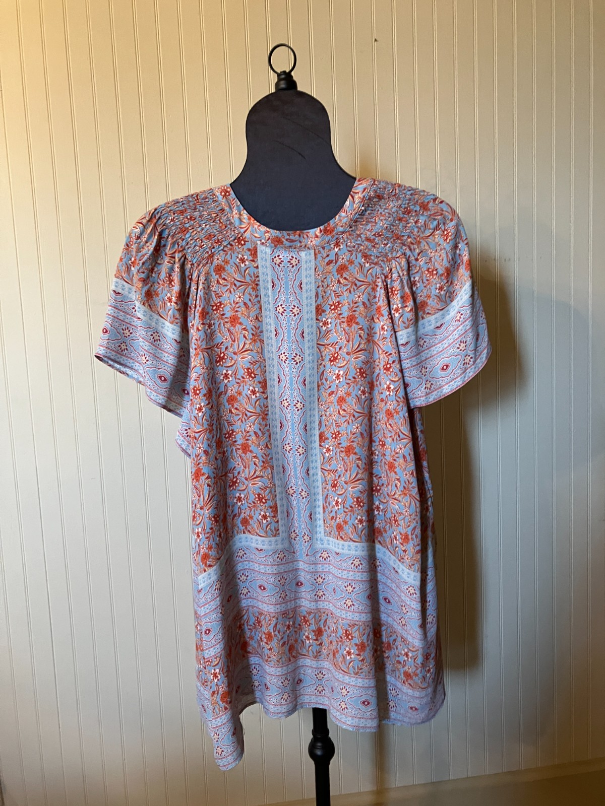 ROSE + OLIVE~ 2X~Blue/Rust Romantic Cottagecore Floral~Chiffon Tunic BOHO Blouse