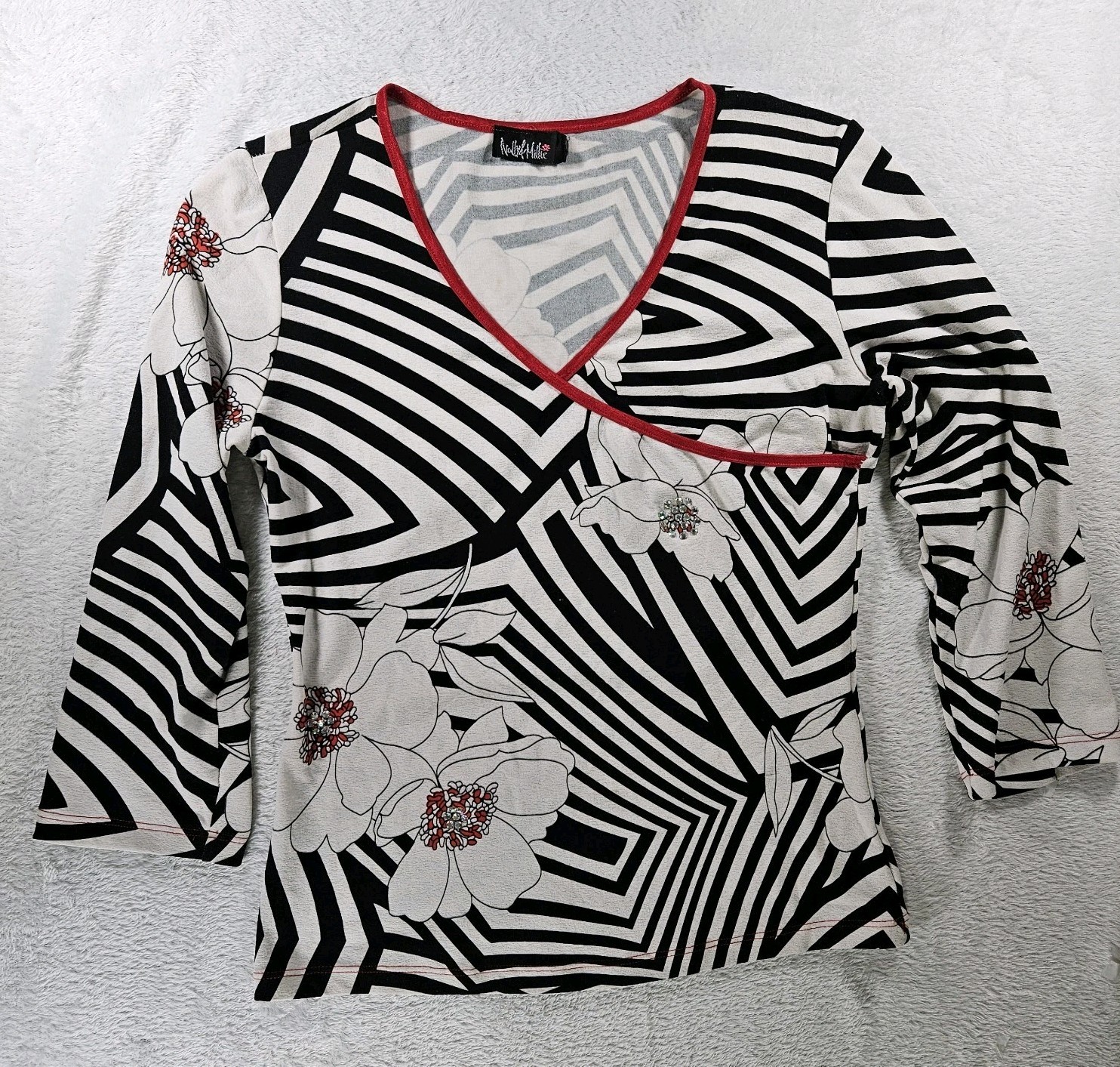 Vintage 90’s Y2K Nally & Millie Top Floral & Stripes Rhinestones Retro Chic Sz S