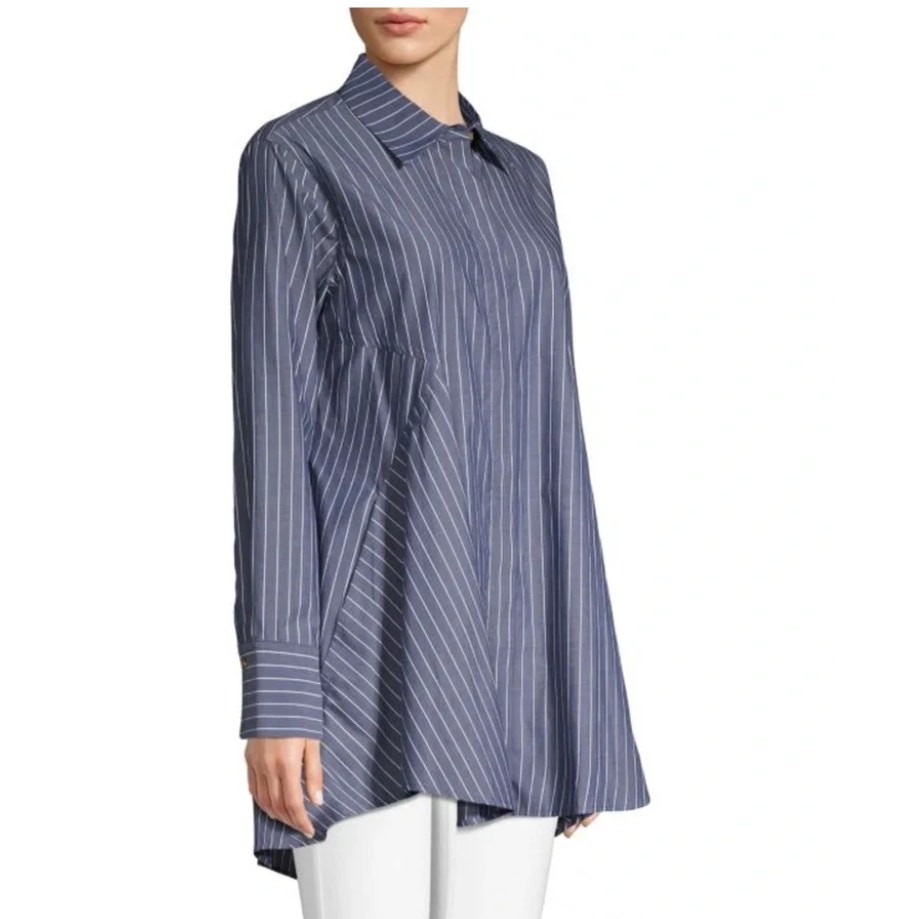DONNA KARAN Blue Striped Button-Down Signature Tunic Top Large Mini Dress