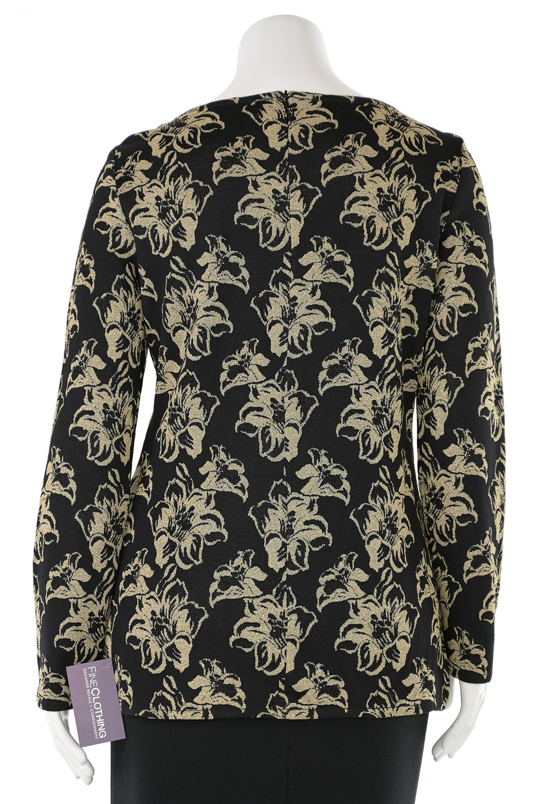 *GLITTERY!* St. John Knits Floral Knit Tunic Top sz 10 in Black/Gold Metallic