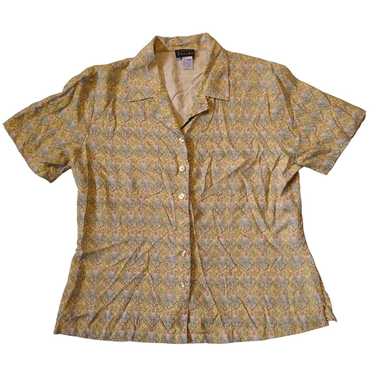 ANDREA VICCARO Silk Short Sleeve Button up Tailored Fit Blue Green Yellow Size L