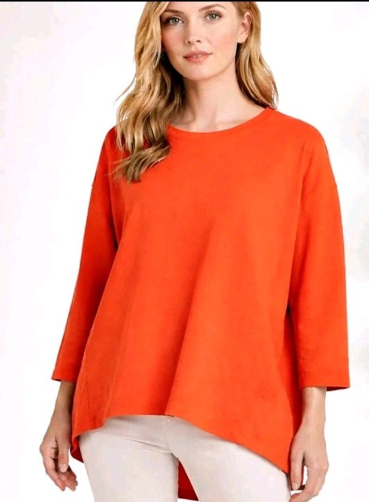 Eileen Fisher XL Organic Cotton Orange Textured Knit Tunic Knit Top Autumn Fall