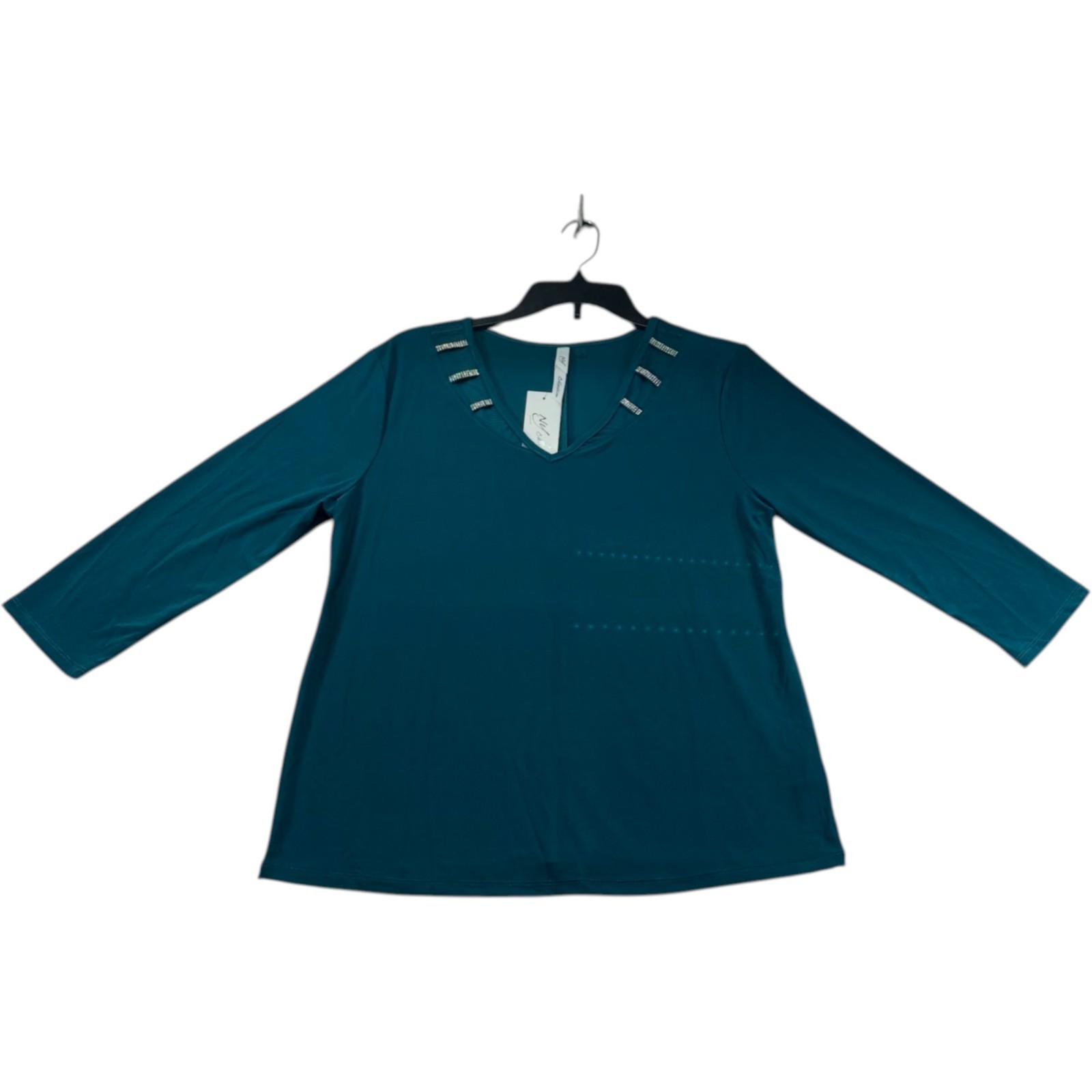 NY Collection Blouse Womens Size Large Petite Blue 3/4 Sleeve Vneck Stretch New
