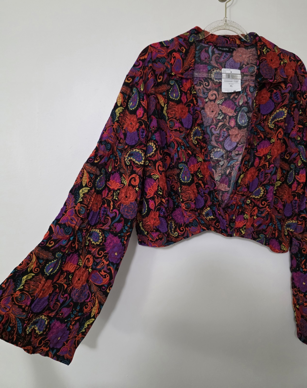 NWT Calliope Crop Vibrant Paisley Print Blouse Retro Hippie Boho Psychedelic XL