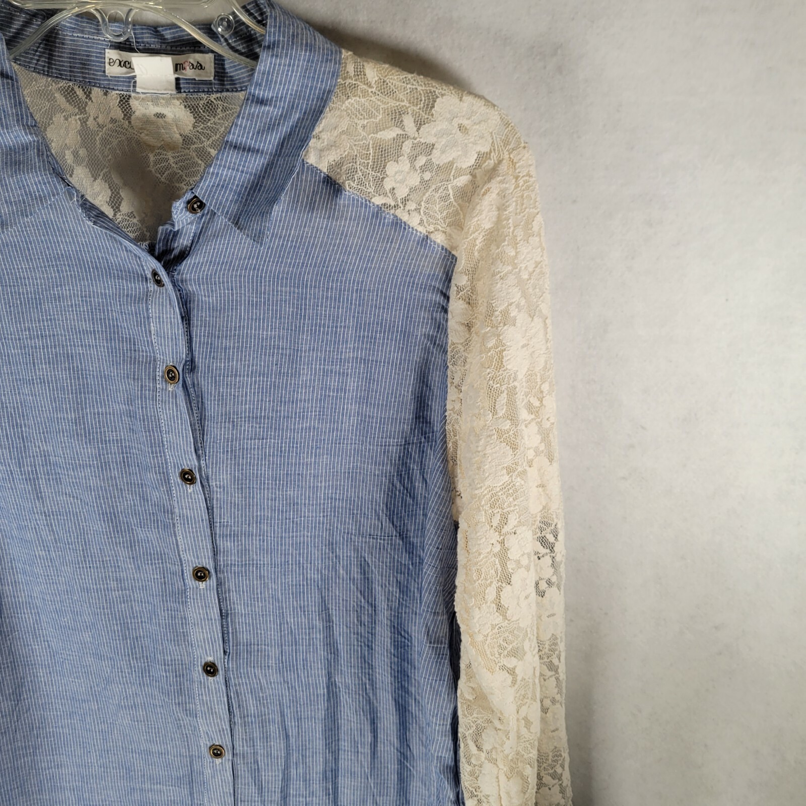 Excuse Me M?ss Womens Button Up Collared Shirt Size Large L Long Lace Sleeve