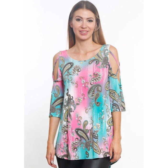 Voll Sexy BOHO PAISLEY TUNIC TOP PINK TURQUOISE FLORAL COLD SHOULDER S M L