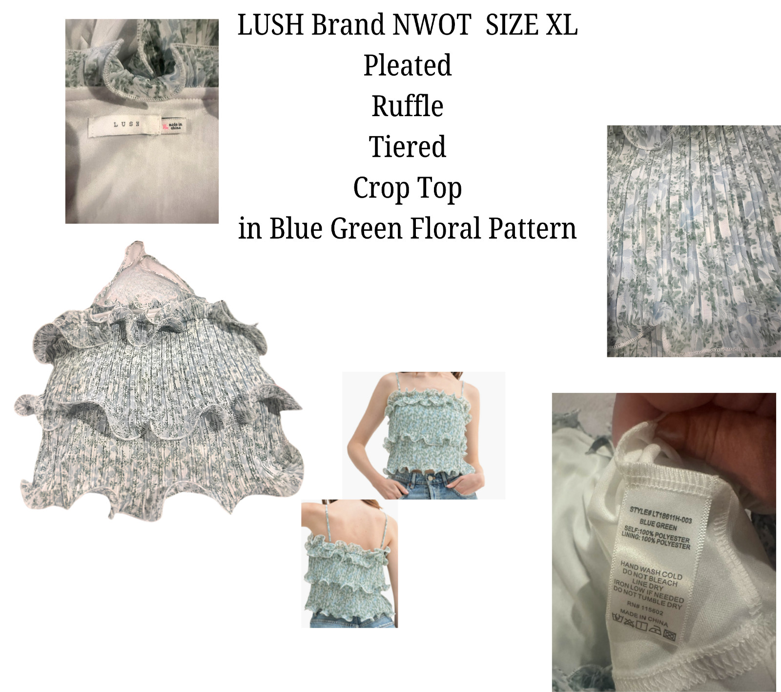 LUSH Brand NWOT Pleated Tiered Ruffle Crop Top in Blue Green Floral Pattern XL