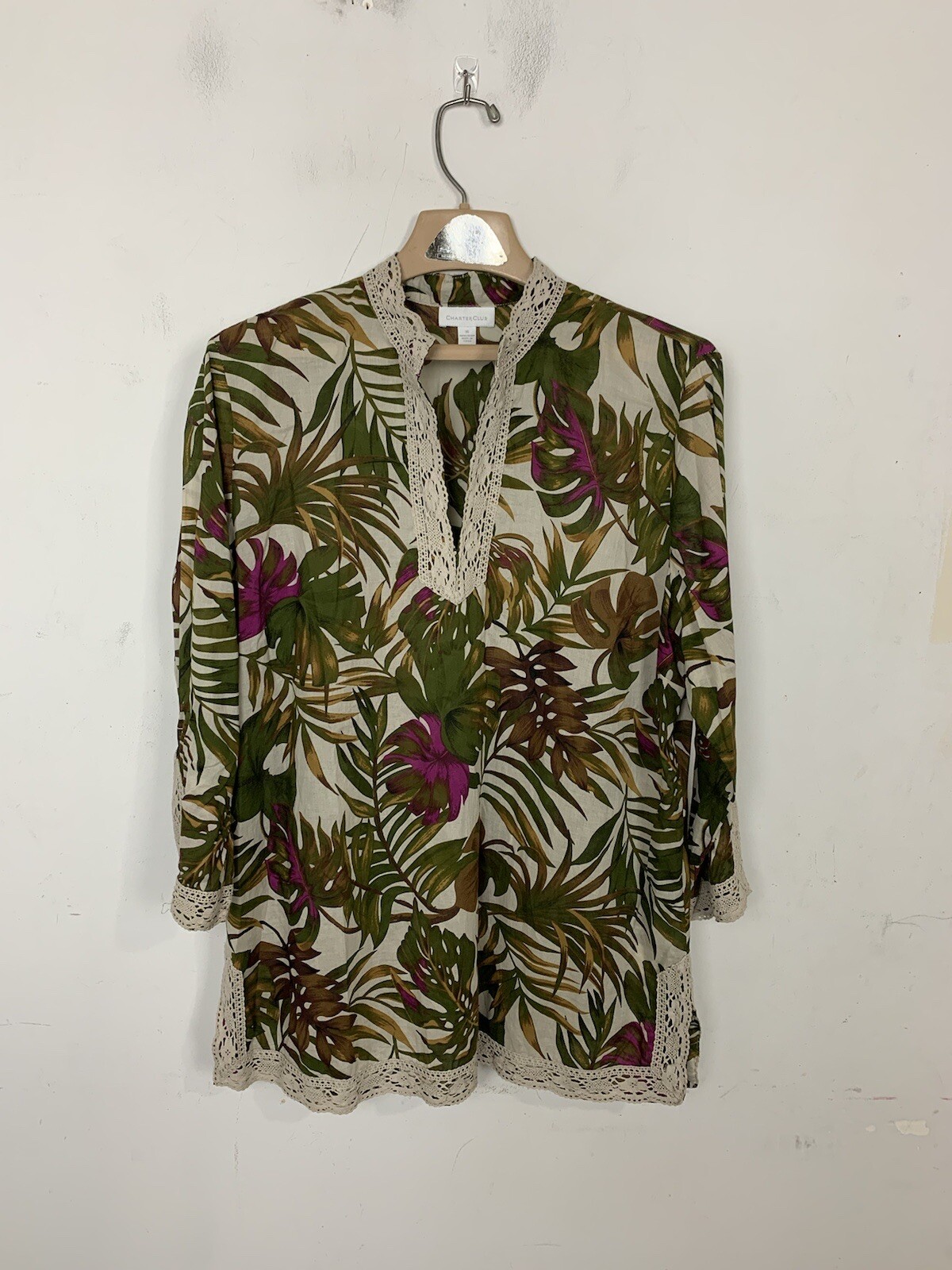 Charter Club Women Shirt 16 Floral Tropical Old Money Preppy Travel Resort Beach