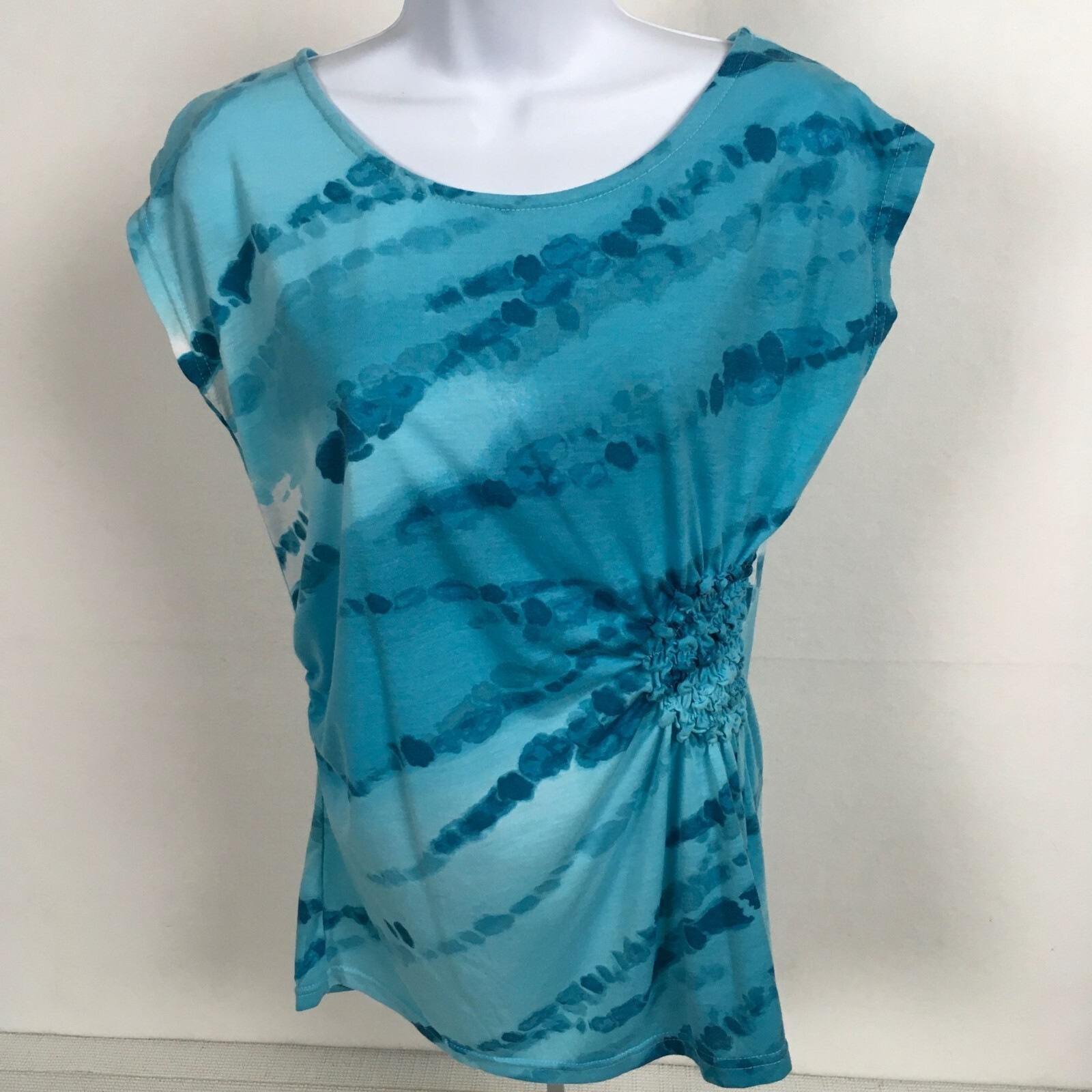 Isela Womens Top Size M Blue Tie Dye Top Smocked Side Short Sleeves Scoop Neck