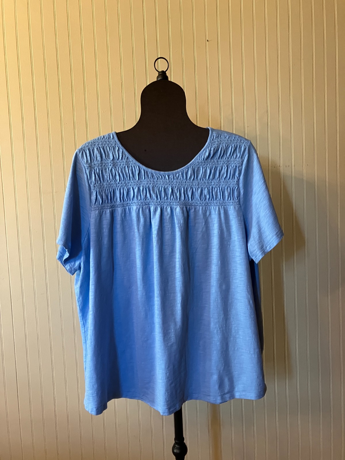 TALBOTS ~3Xp~Sky Blue~Coastal Vibe~S/SLV~Smocking~Cotton Blend~Slub Knit Tee/Top