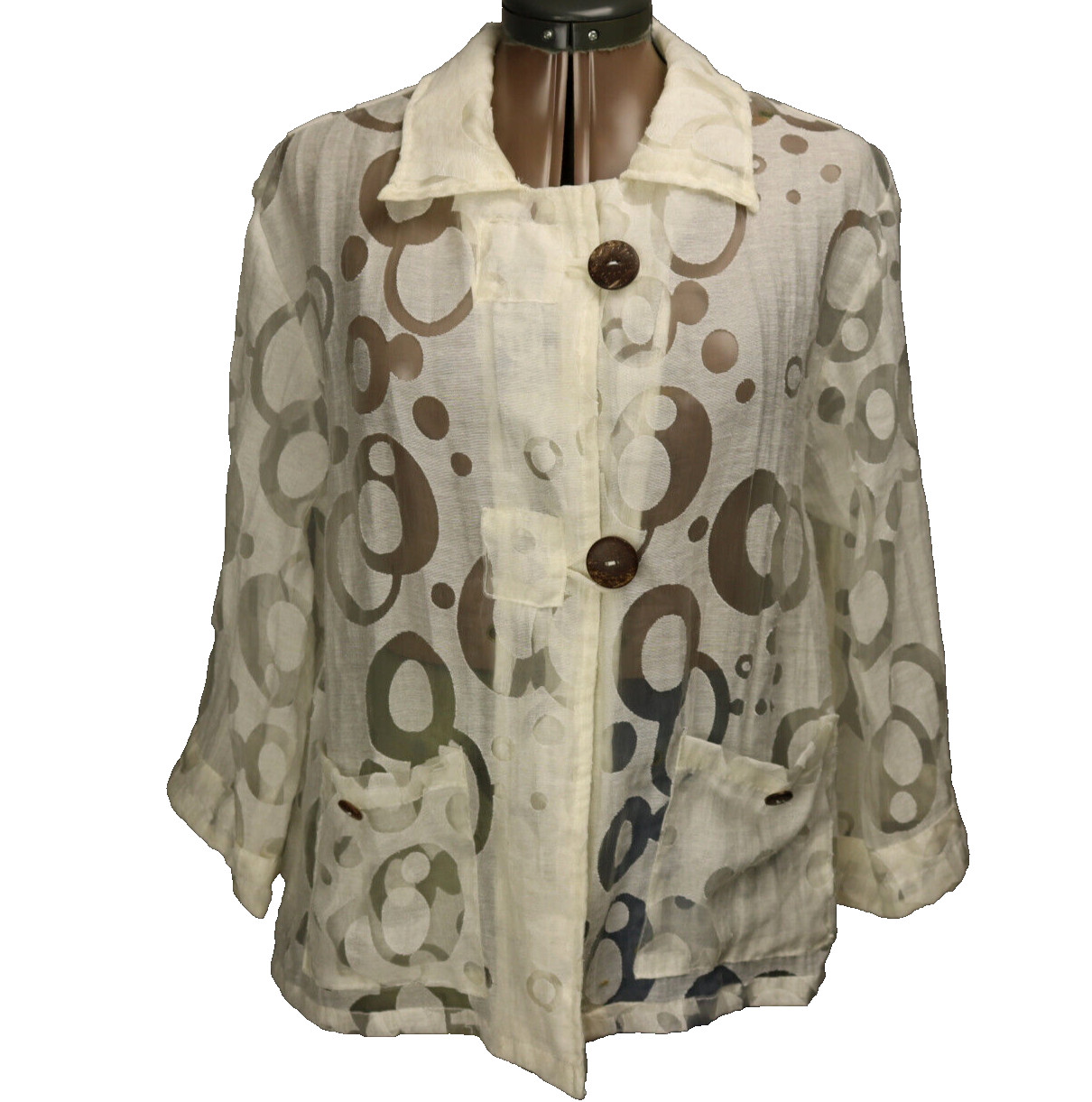Vintage Kaktus Burnout Button Up Coconut Shell Buttons 3/4 Sleeve Top Ivory L