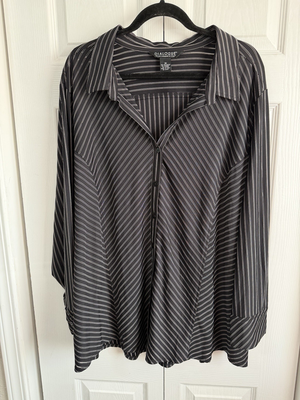 QVC Dialogue Black Button Up Stripe Panel Dressy Blouse Size 3X Elegant Plus Eu