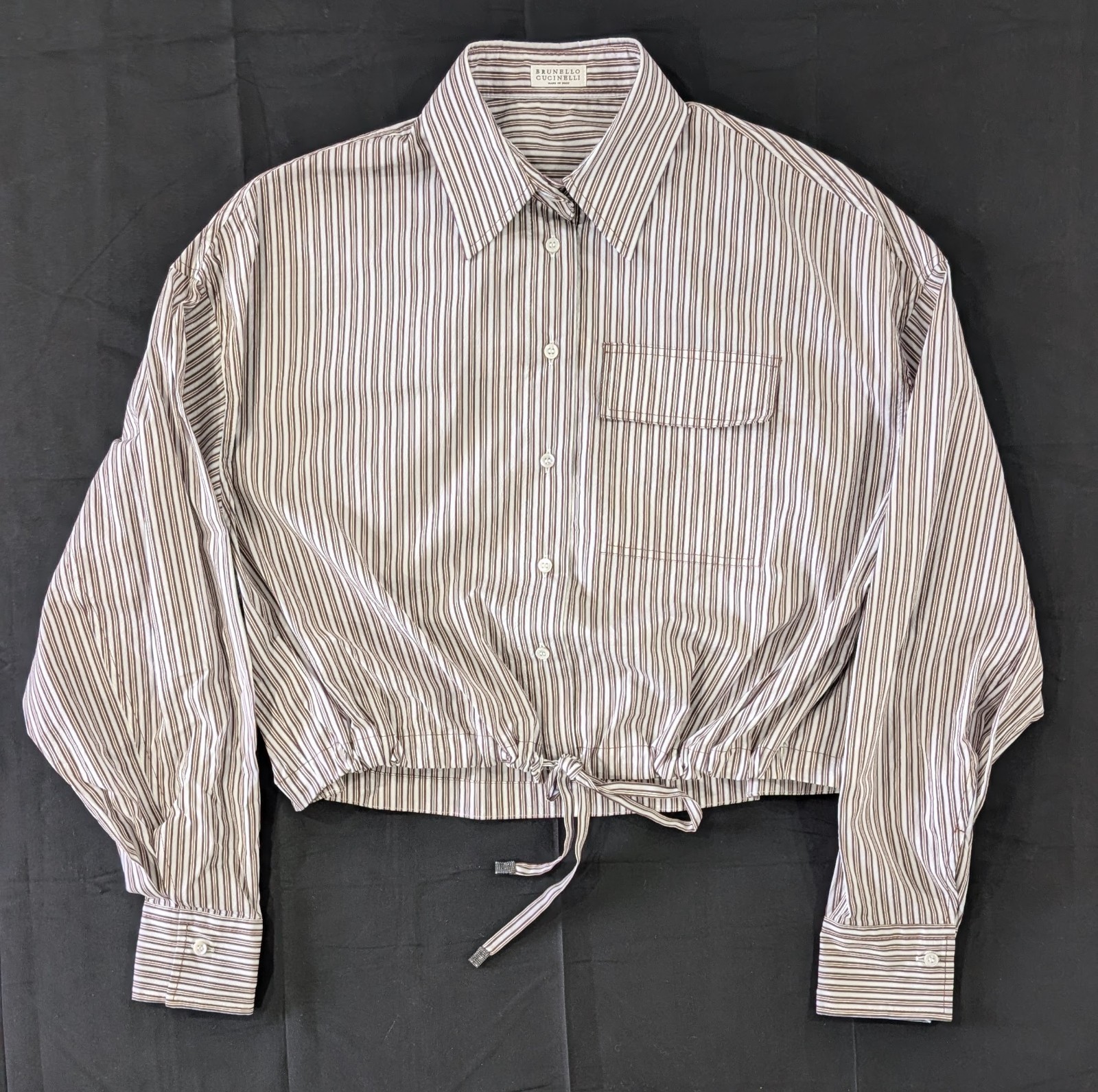 Brunello Cucinelli Striped Silk Cotton Crop Blouse Shirt S White Bordeaux NWT