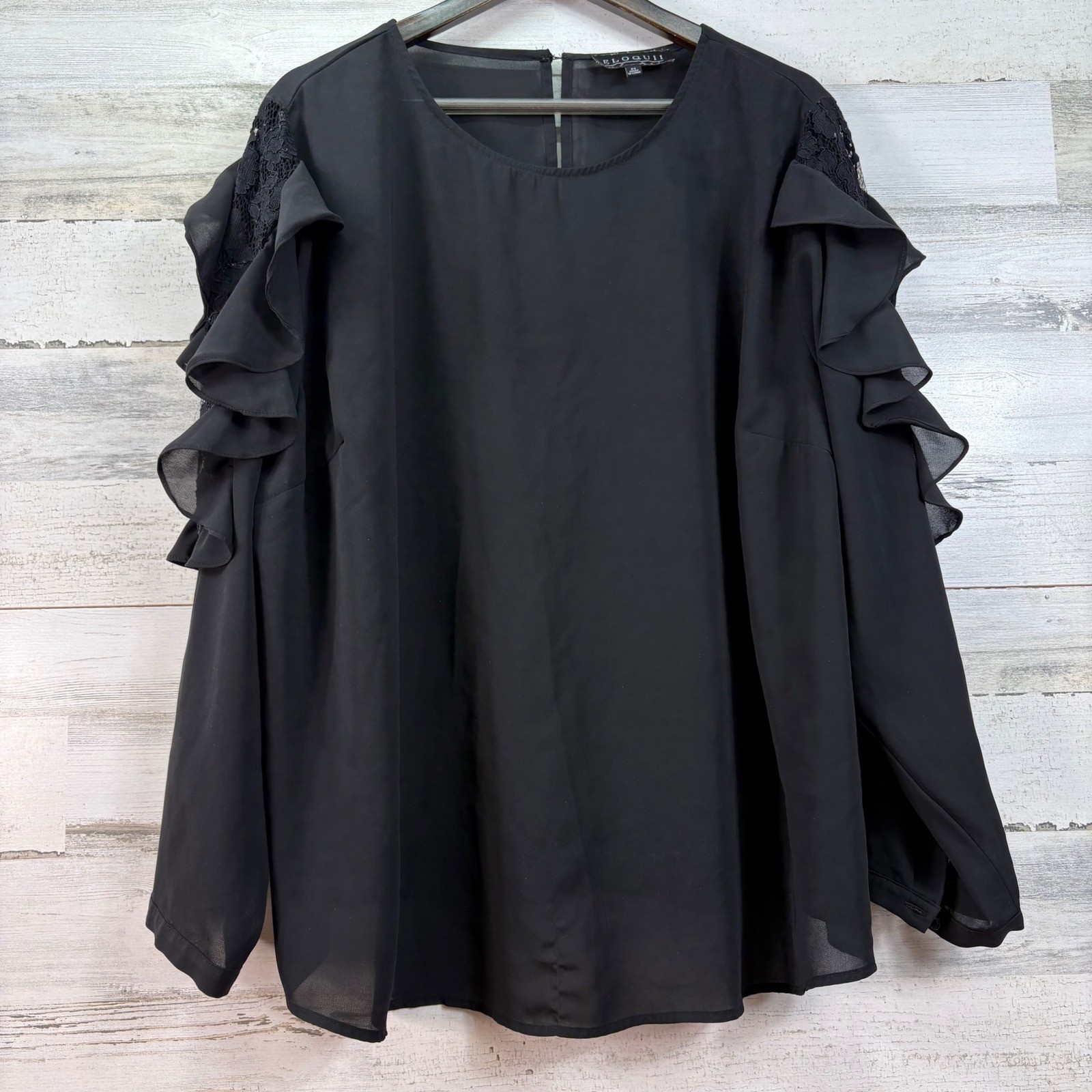 Eloquii Womens Sz 24 Black Ruffle Lace Sleeve Blouse Long Sleeve Round Neck Top
