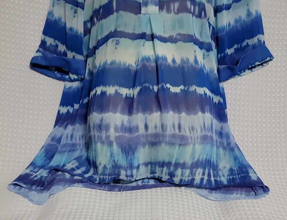 Tie Dye Blouse Tunic Top Women Size 1 M Medium Blue White 3/4 Sleeve Sheer