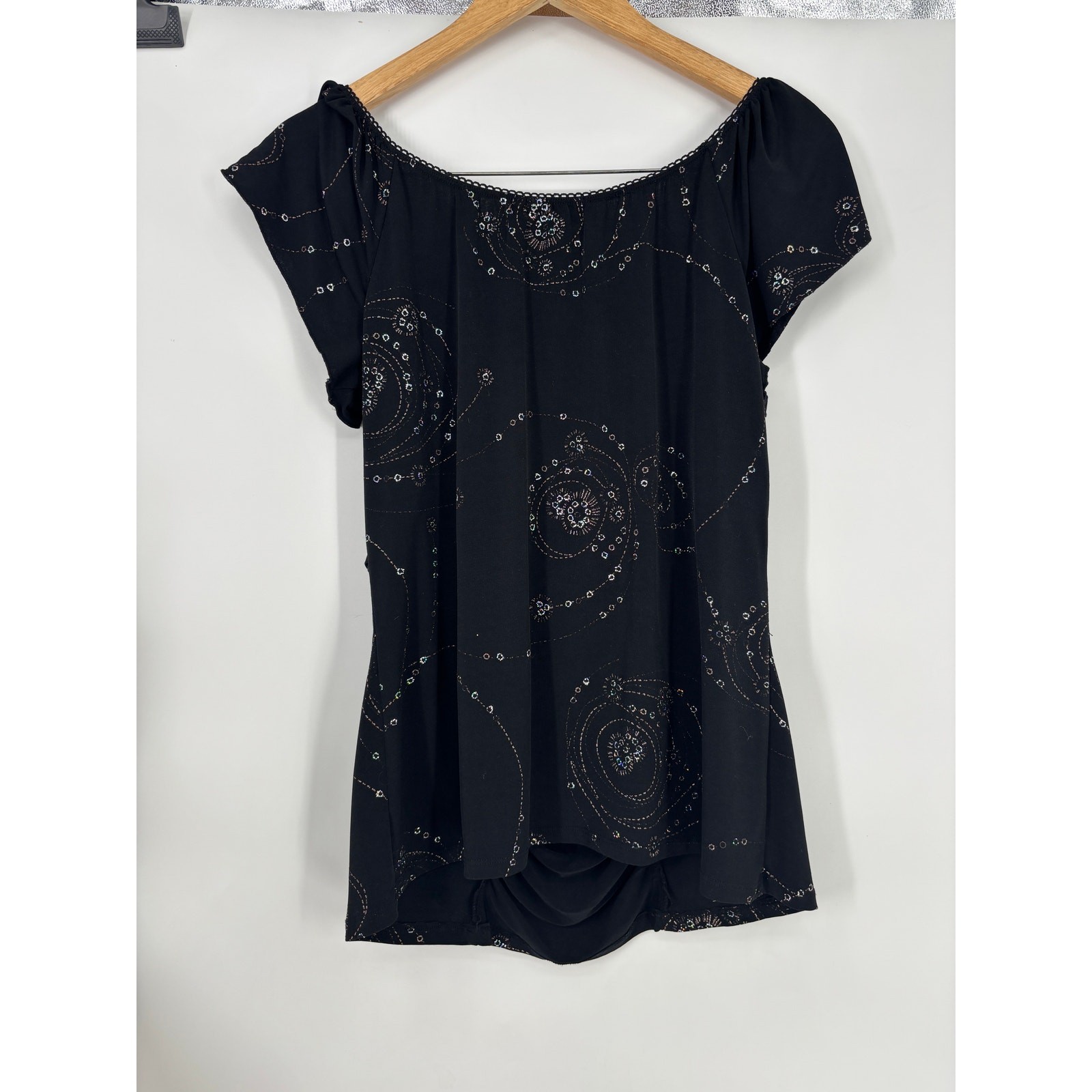Studio 1940 Blouse Ruched Embellished Rhinestone Stretch Top Black Size Large