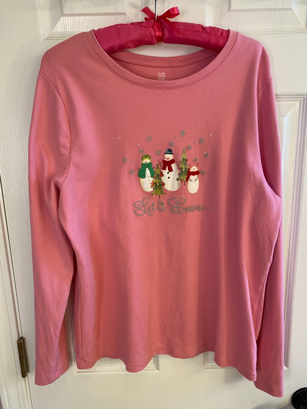 Christmas Yule Blouse Top Cotton Jersey Snowmen “Let It Snow” Pink XL EUC R393