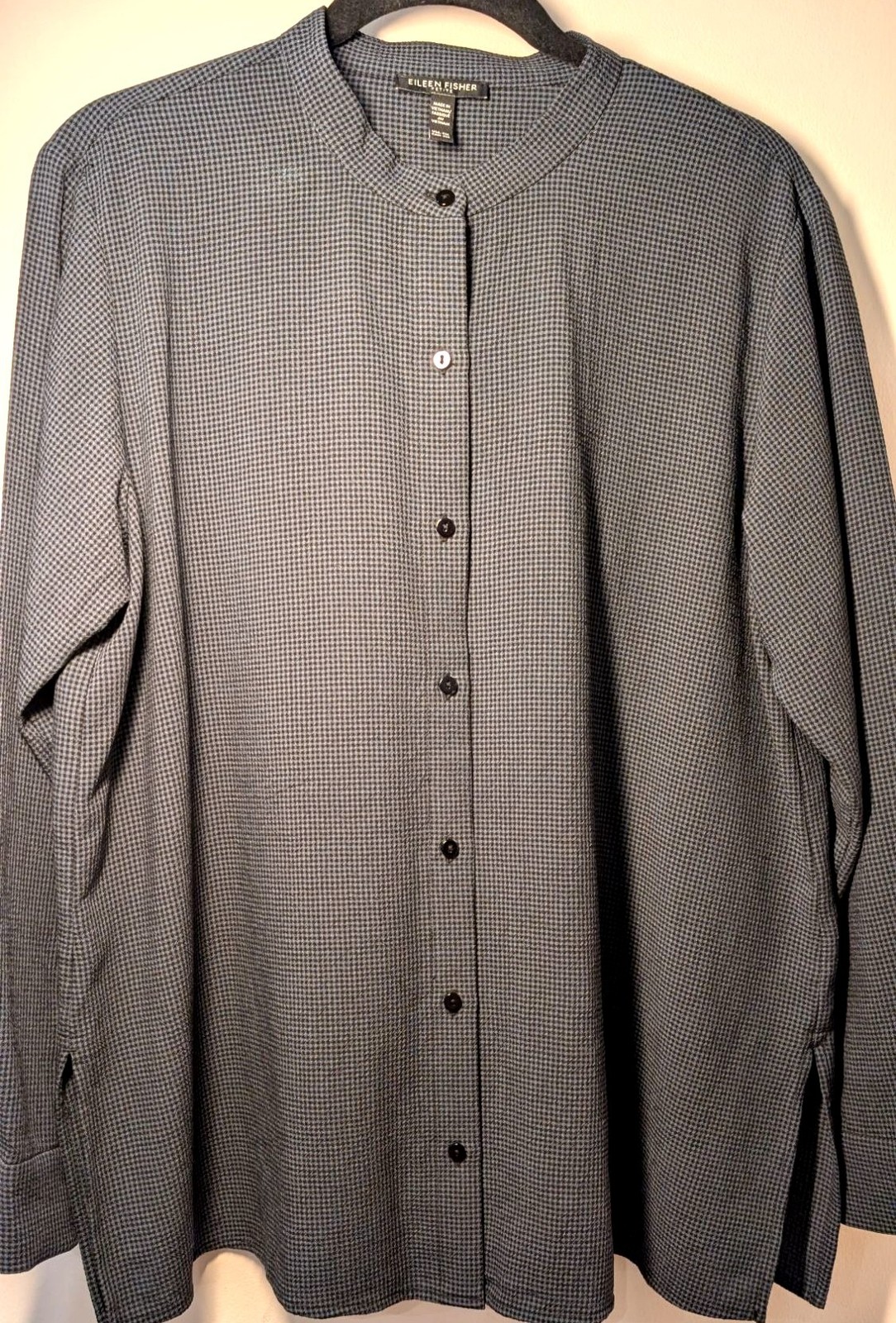 Eileen Fisher Mandarin Collar Shirt, Black/Gray, Size PM