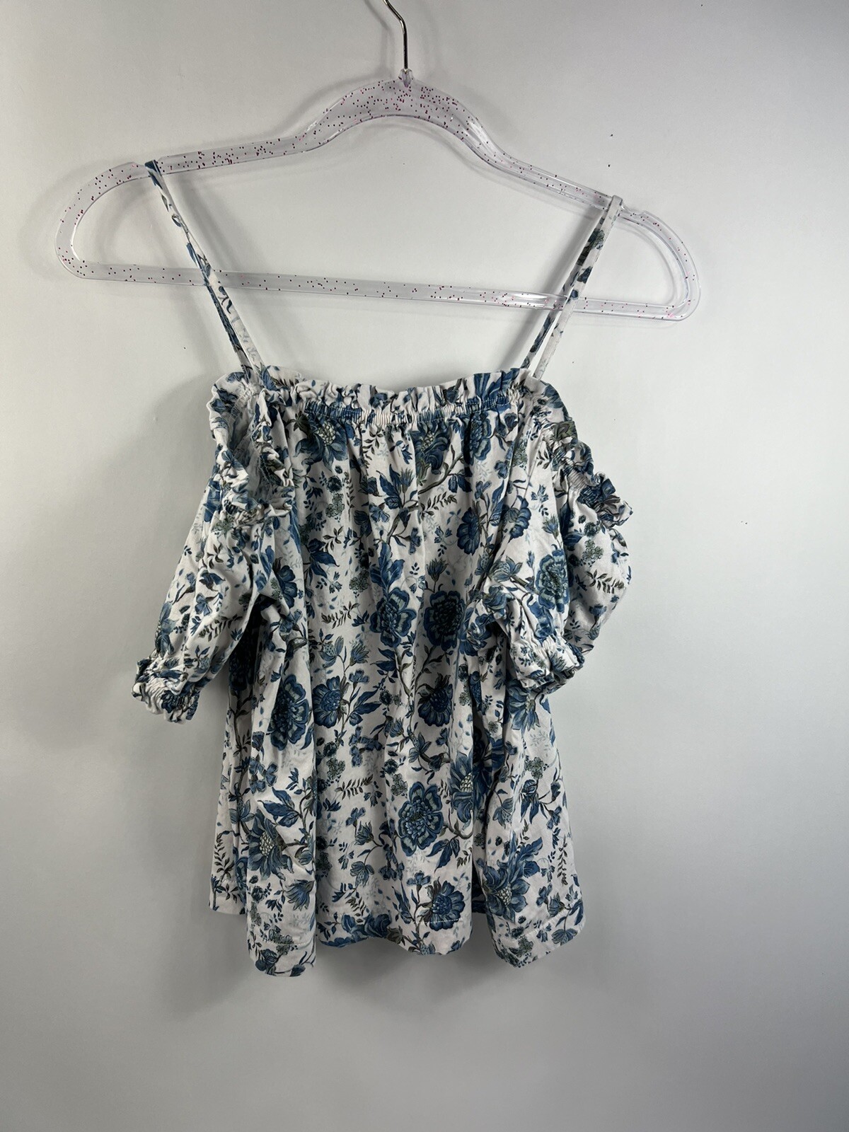 H&M Off The Shoulder Blouse Women’s Sz M White Floral Elastic Neck/Short Sleeves