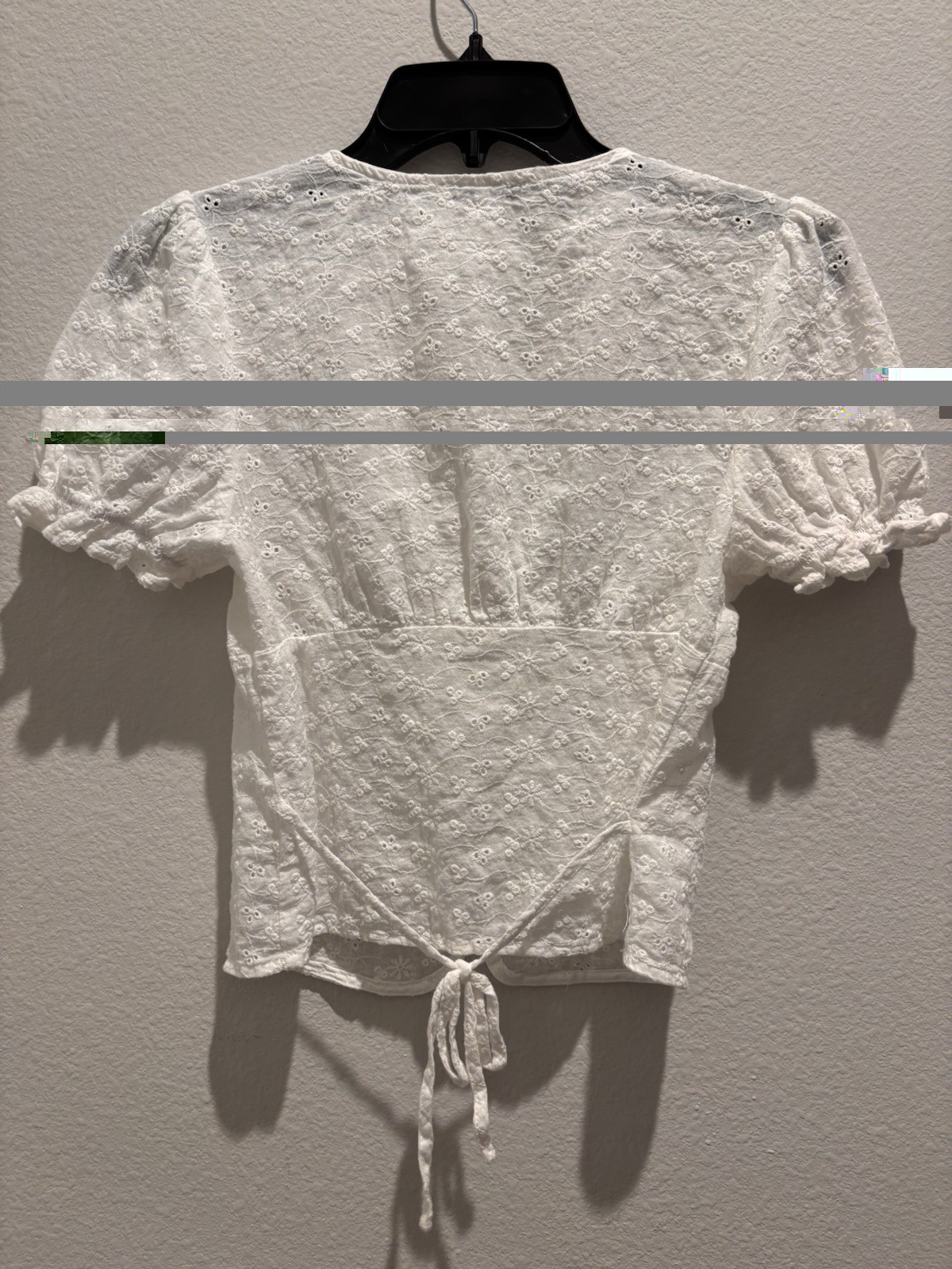 White Floral Eyelet Tie-Back Cotton Top Puff Sleeve 100% Cotton