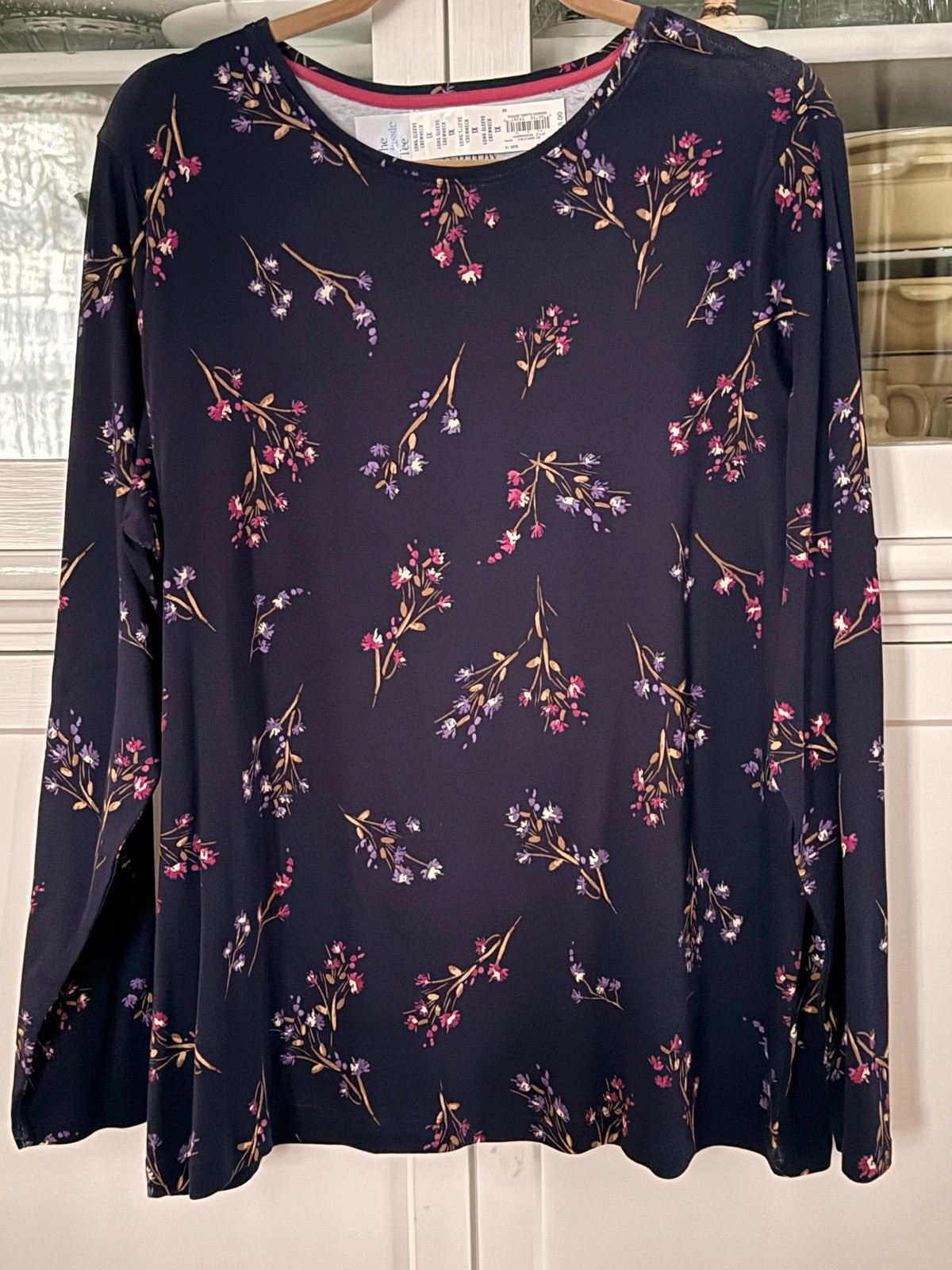 CROFT&BARROW CLASSIC TEE Woman PLUS 1X Cotton Top Shirt Long Sleeve BLUE PRINT