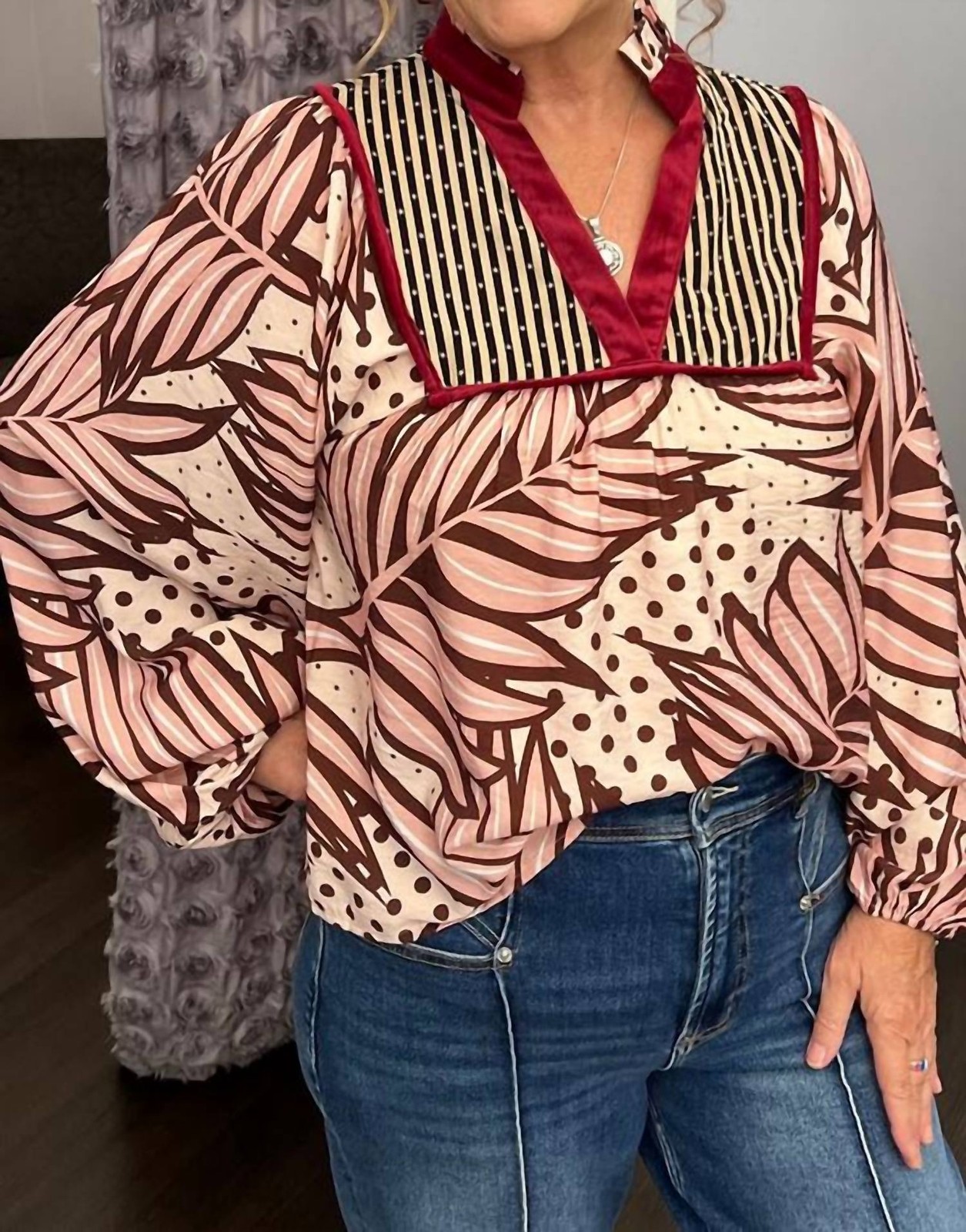 Thml Print Detail Long Sleeve Top Size None