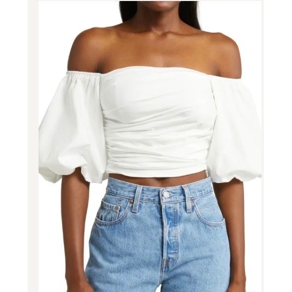 WAYF Puff Sleeve Crop Top Womens Small White Off Shoulder Ruched Smocked