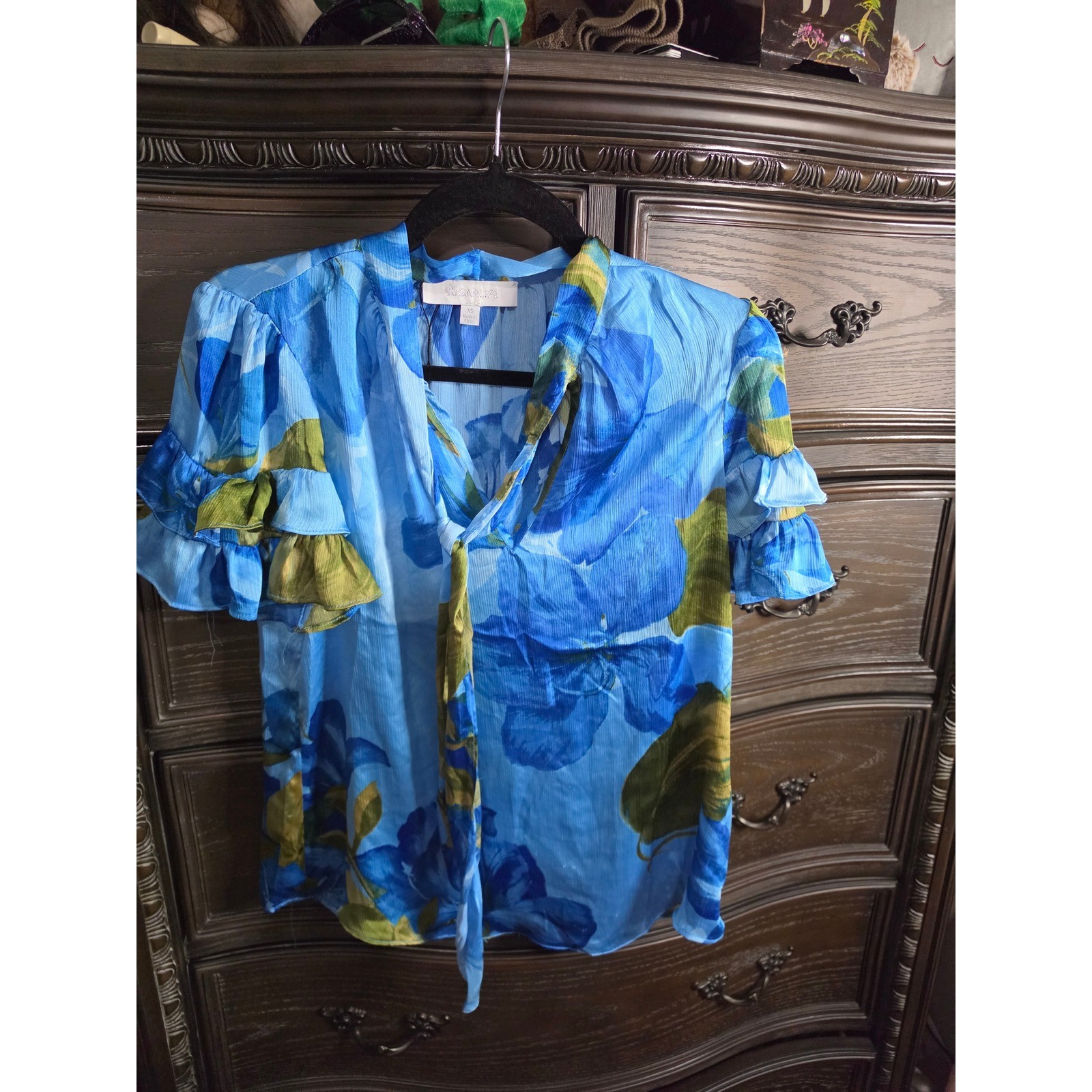 Sugarlips Blue Floral Tie Neck Ruffle Sleeve Blouse Top XS Floral Print Pleated