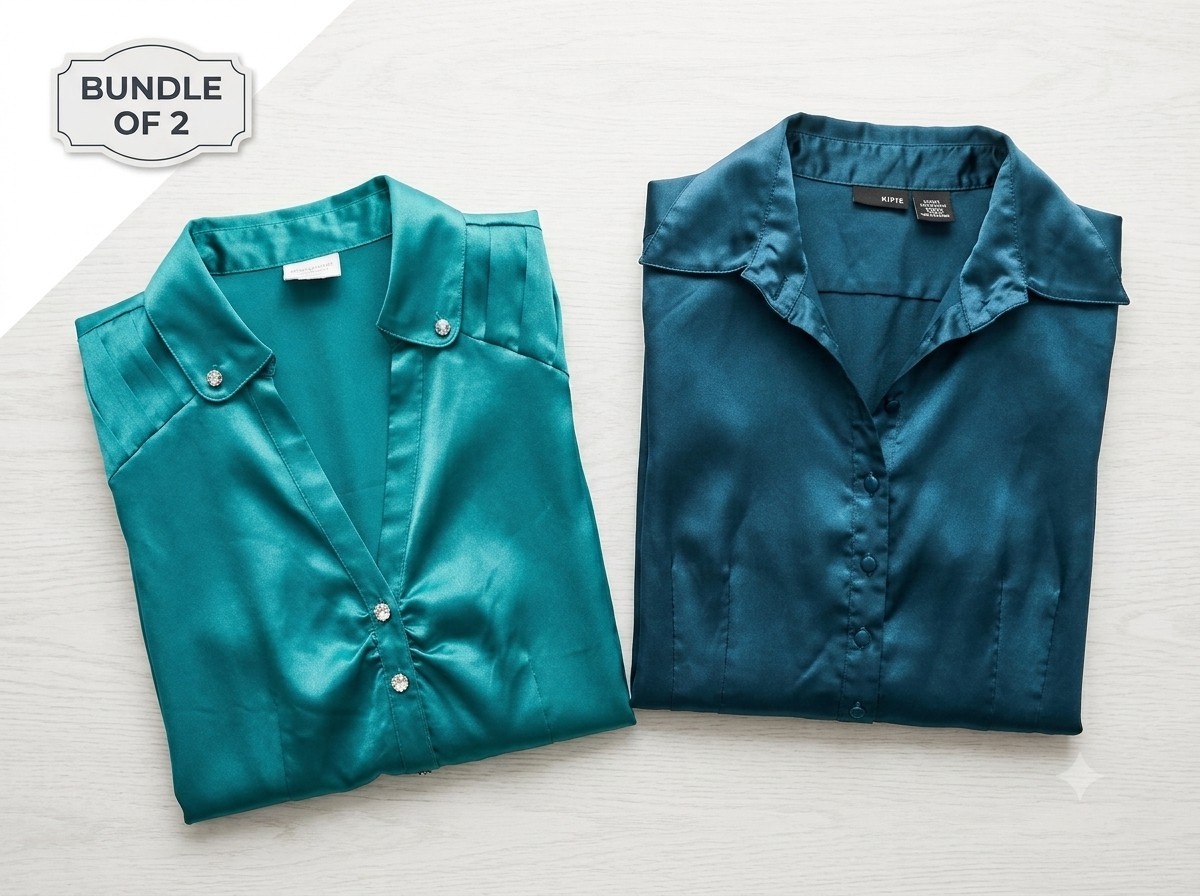 Lot of 2 Womens Satin Blouse Size L Worthington Mixit Teal Blue Short Sleeve Top
