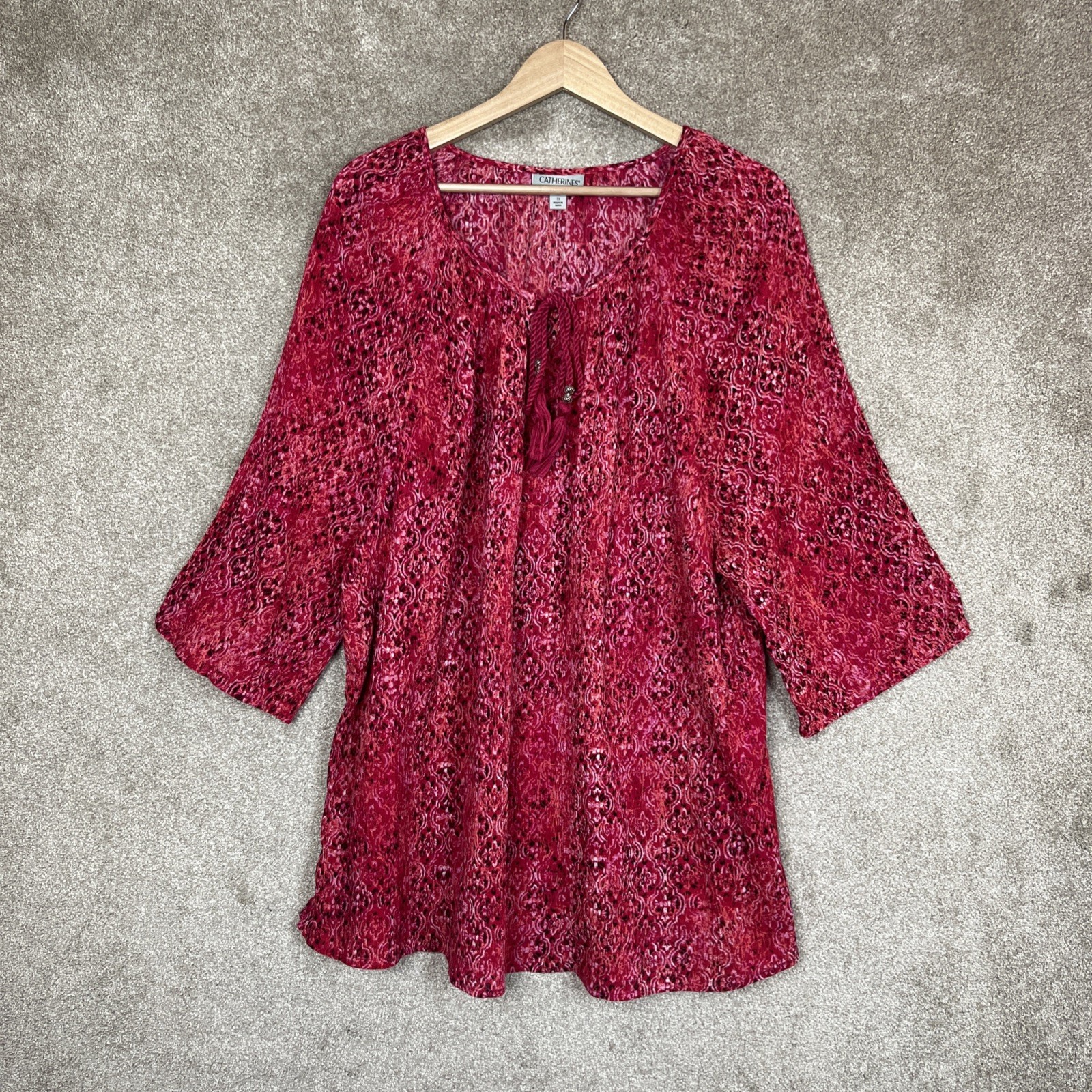 Catherines Blouse Womens 3X Pink Cotton Crinkle Pullover 3/4 Sleeve Tie- 4891