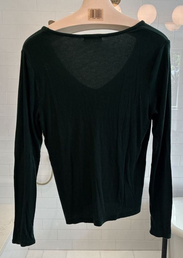 Marine Layer Women’s Long Sleeve V-Neck Ribbed T-Shirt in Dark Green