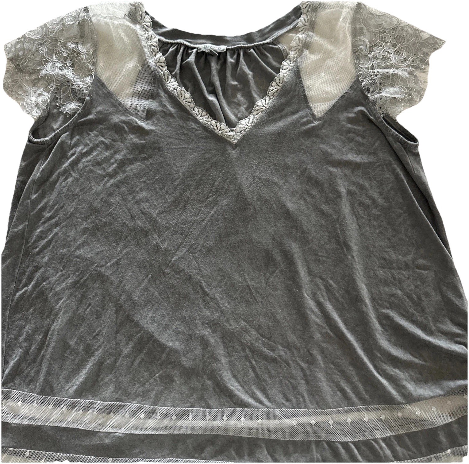 Fairygoth Y2K POL Lace Eyelet Hem M Grey Top 90s V Neck Burnout Whimsical Boho