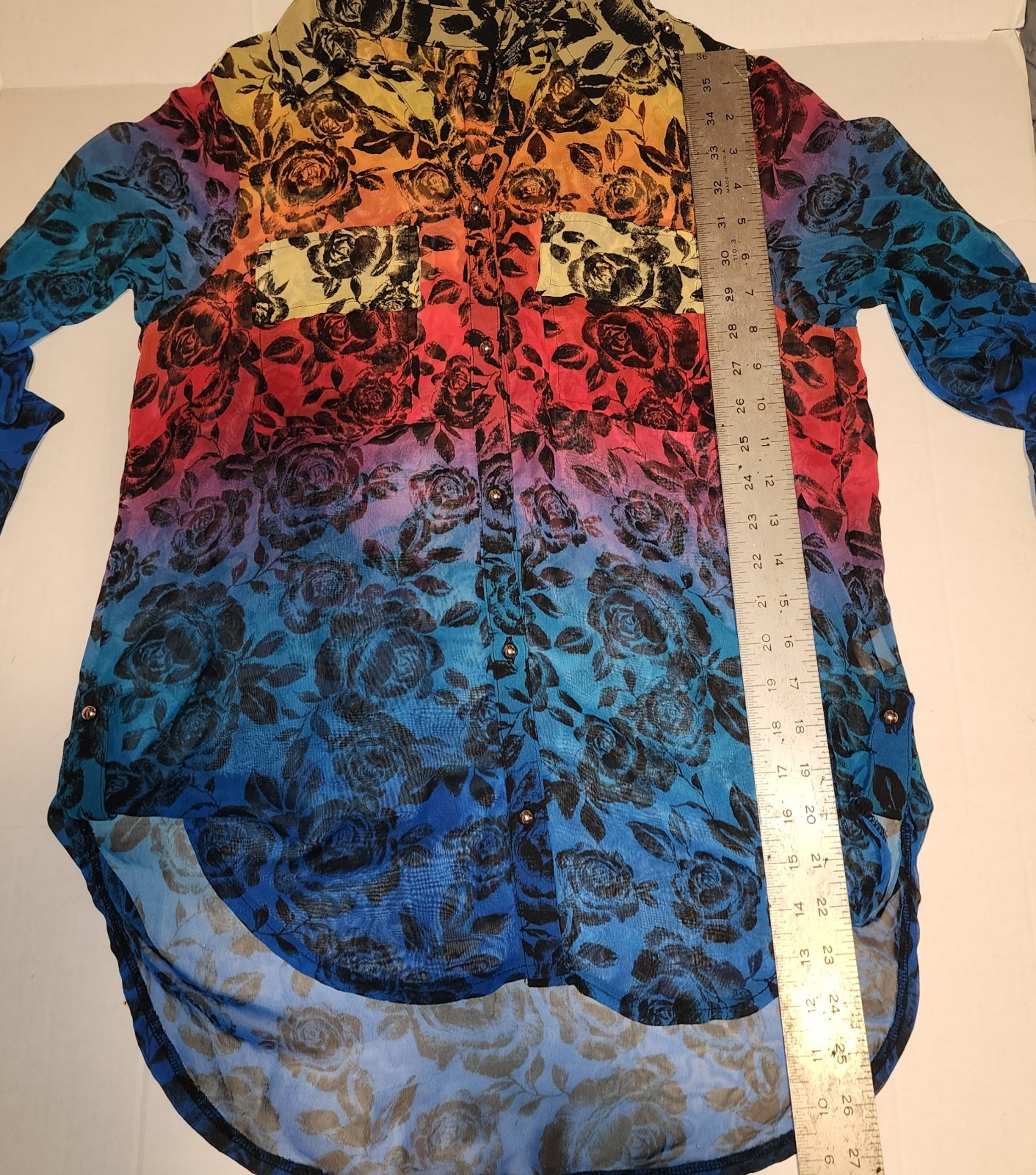 New Directions Multi Color Rainbow~Sheer Blk Floral Print Button Up~Size Small