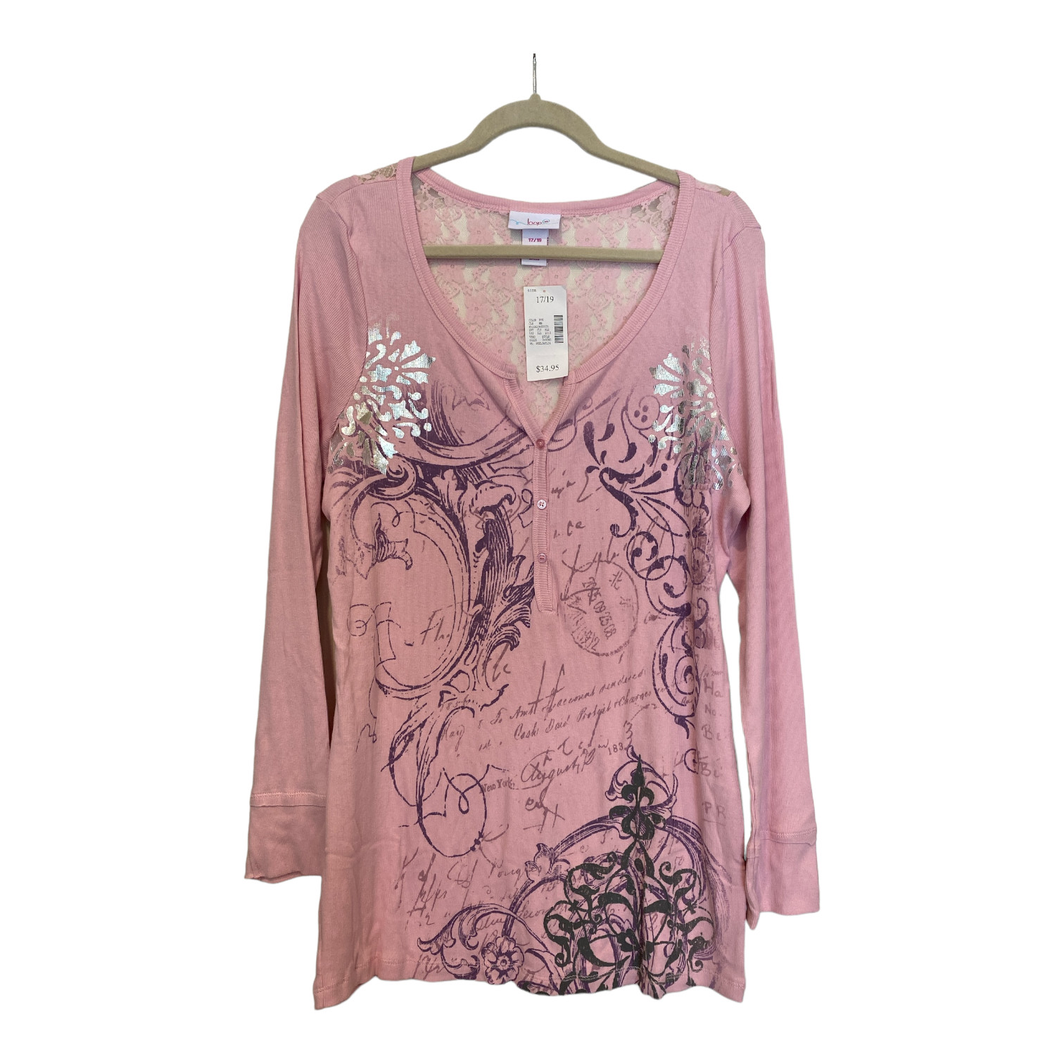 NEW Loop 18 Script, Silver & Lace Top Pretty Pink Juniors Size 17/19