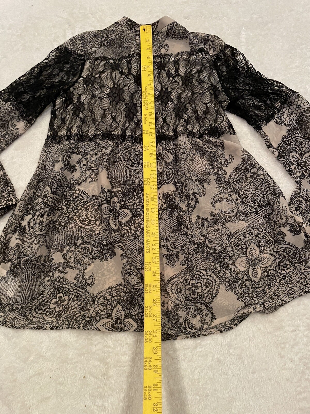 Miss Me lace fringe flowy sheer blouse shirt womens size small black tan EUC