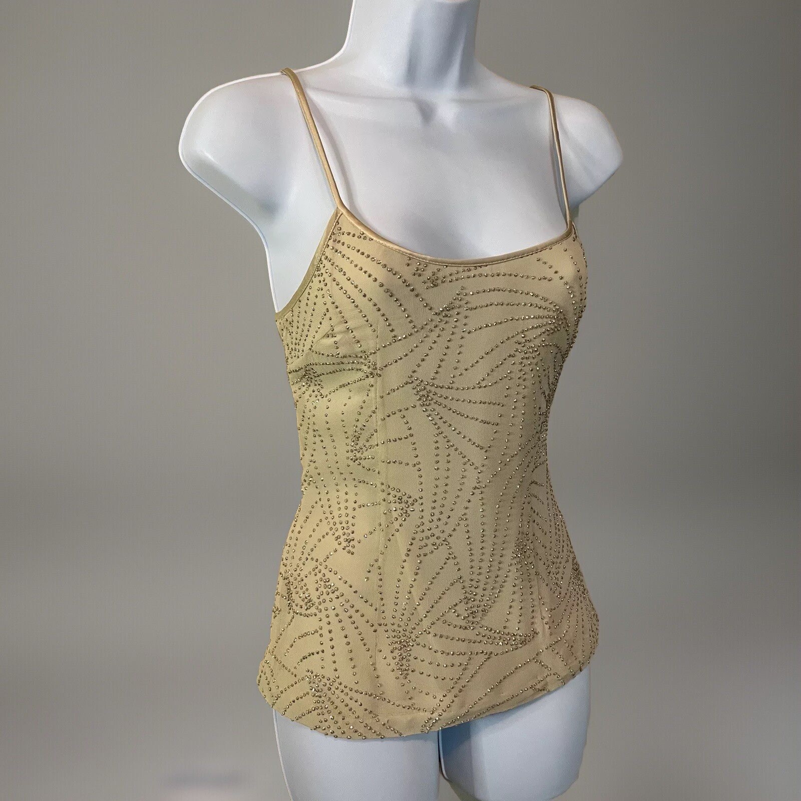 Vintage CACHE Rare2Find Y2K Beige 100%Silk Rhinestone Embellished Top SlimFit XS