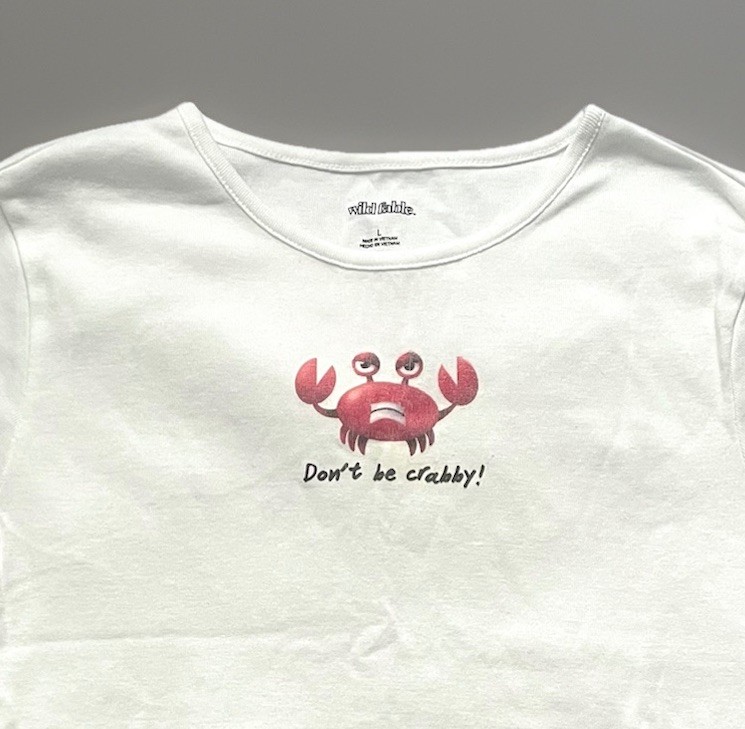 Womens Y2K White Graphic Crab Cartoon T Shirt Sz L Cute Don’t Be Crabby Handmade