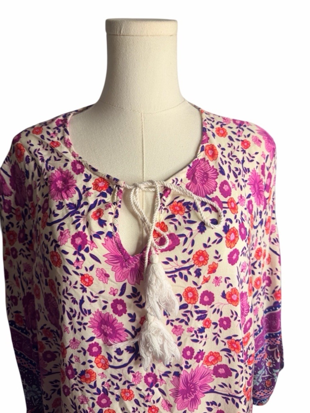 Halife 2X Boho Floral Border Print Tassel Tie Shift Dress Pink Purple Plus Size