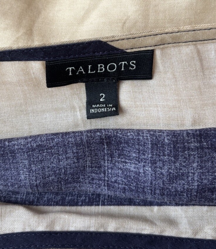 Talbots Tencel Striped Top Size 2 Navy Tan Nautical Preppy Shirt