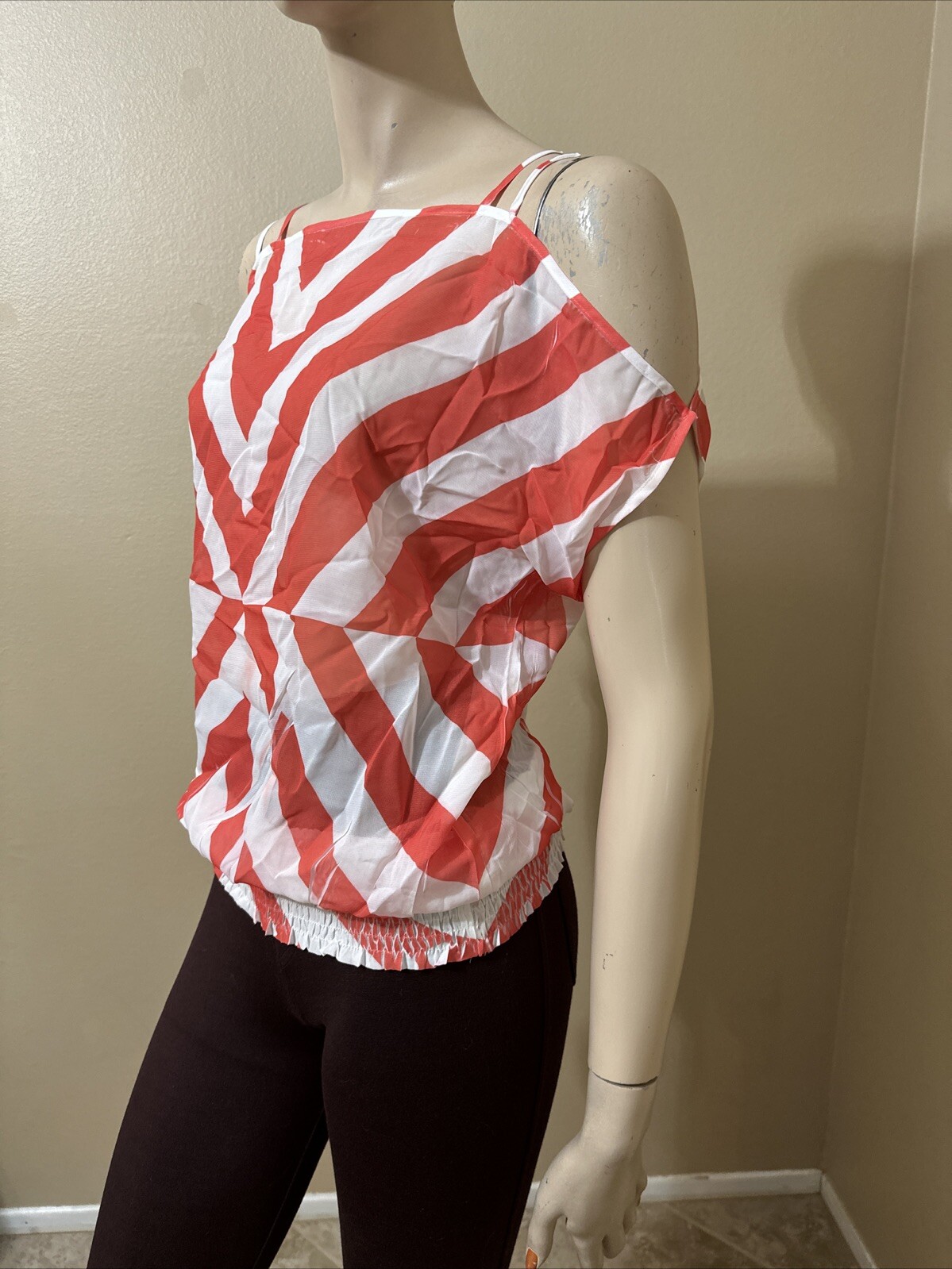 Women’s White Red Striped Polyester Casual Summer Open Elastic Waist Size L Top
